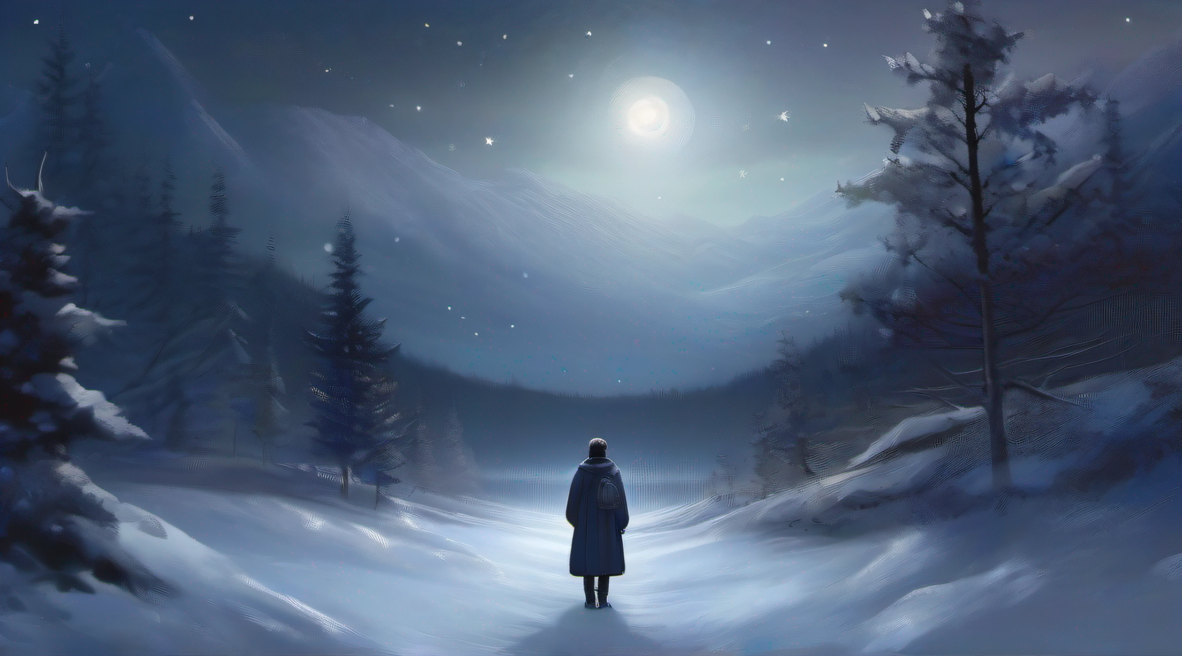 snowy night、Solitude、stillness、starrysky、the night、Forest covered with snow、Lonely figure