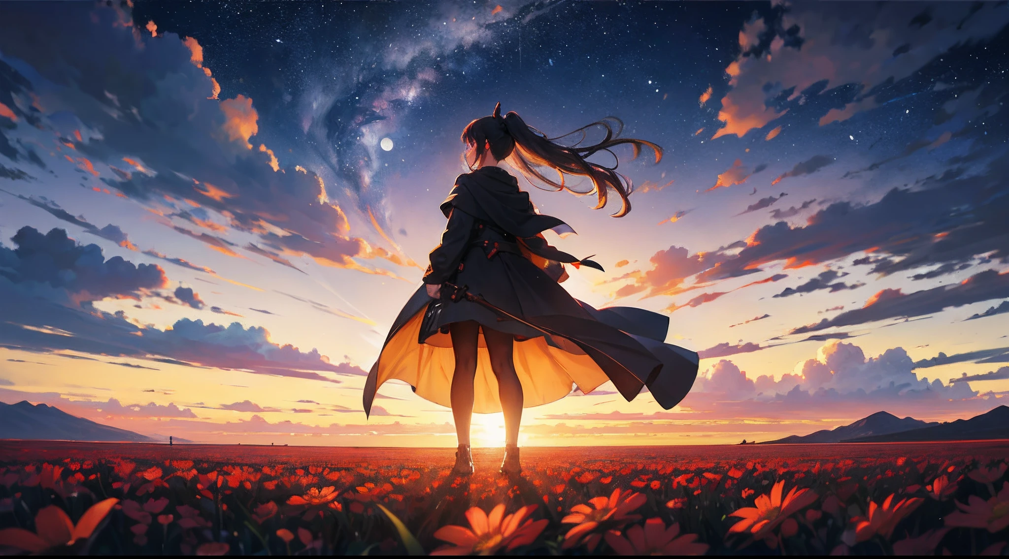 Vast landscape photos, (from below, the sky above, open fields below), a girl standing on a flower field looking up, characters 0.6 (Full Moon: 1.2), (meteors: 0.9), (Nebula: 1.3), distant mountains, trees BREAK Making art, (warm light source: 1.2), (Firef...