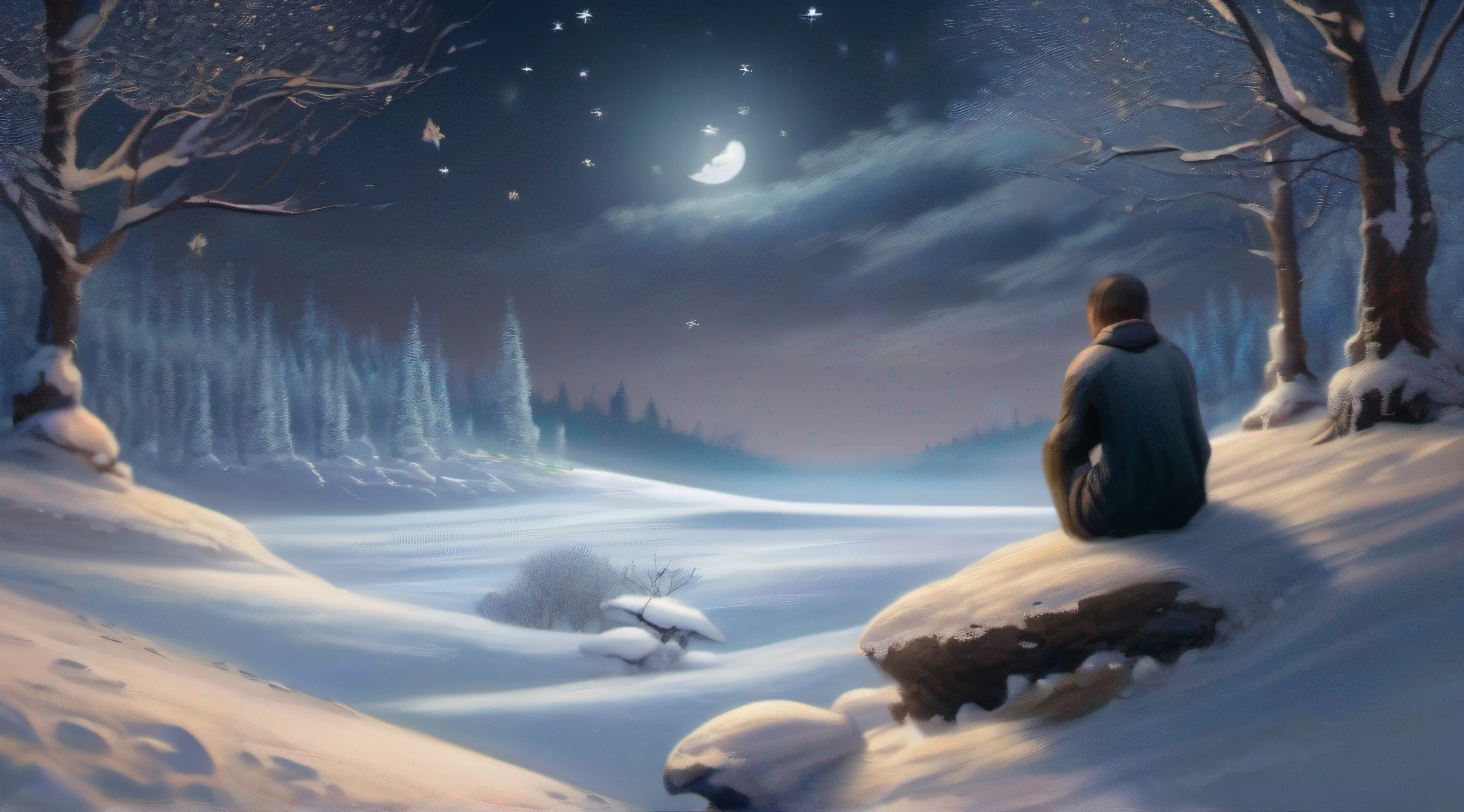 snowy night、Solitude、stillness、starrysky、the night、Forest covered with snow、Lonely figure