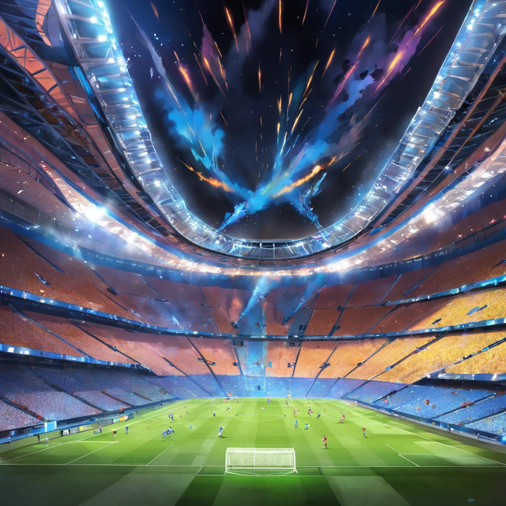 (((Four skilled players attacking for football))), An exciting football match in a stadium full of spectators and reflectors, Camp nou , azulgrana ,Multitud apasionada, Deslumbrantes reflectores del estadio, Momento espectacular y electrizante, Ambiente vibrante, Mexican theme, Themed desserts, Fantasy themed stadium.