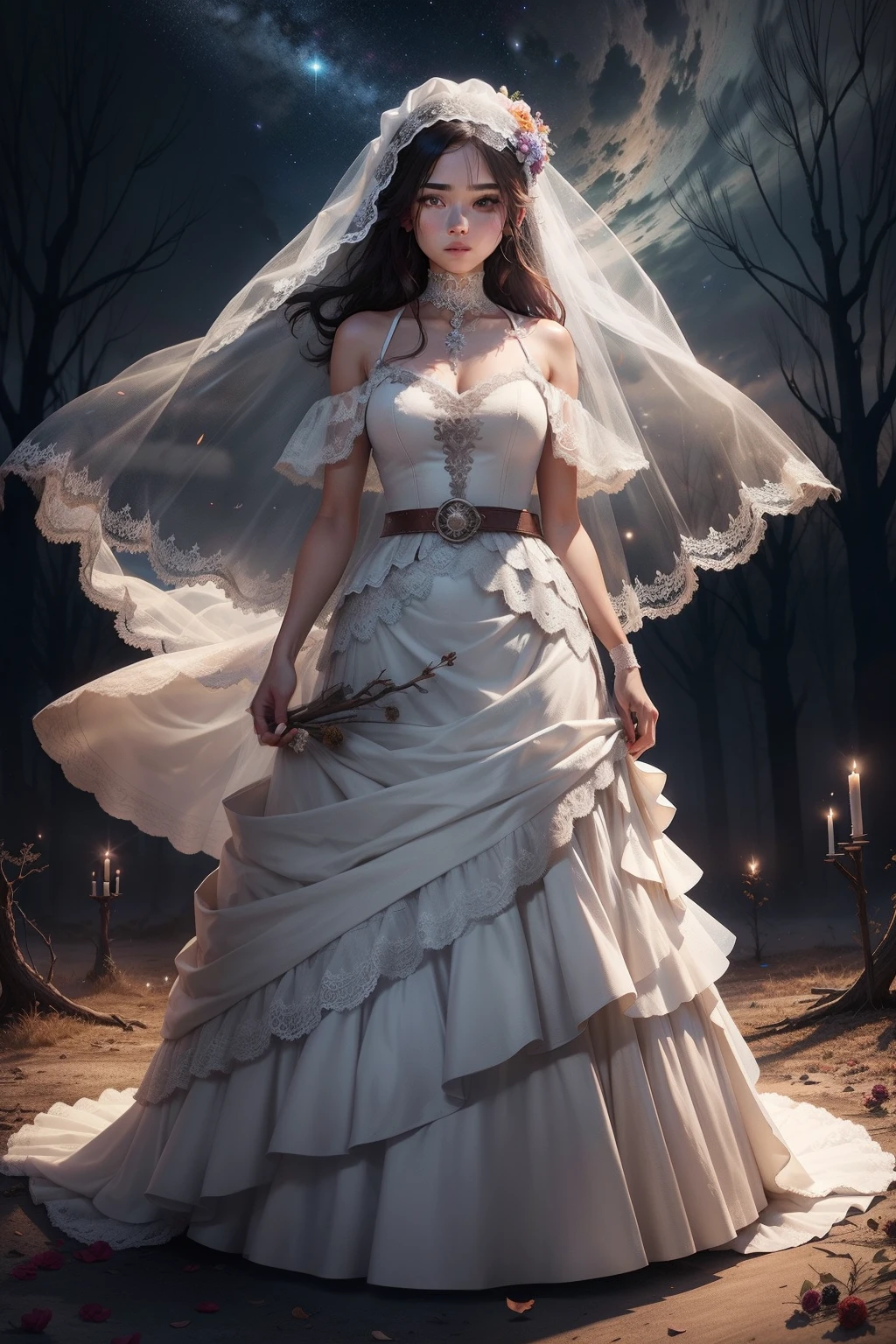 Breakdown, belt, strap, yarn, lace, veil, dried flowers, wedding dress, full body view night sky background, dead tree environment