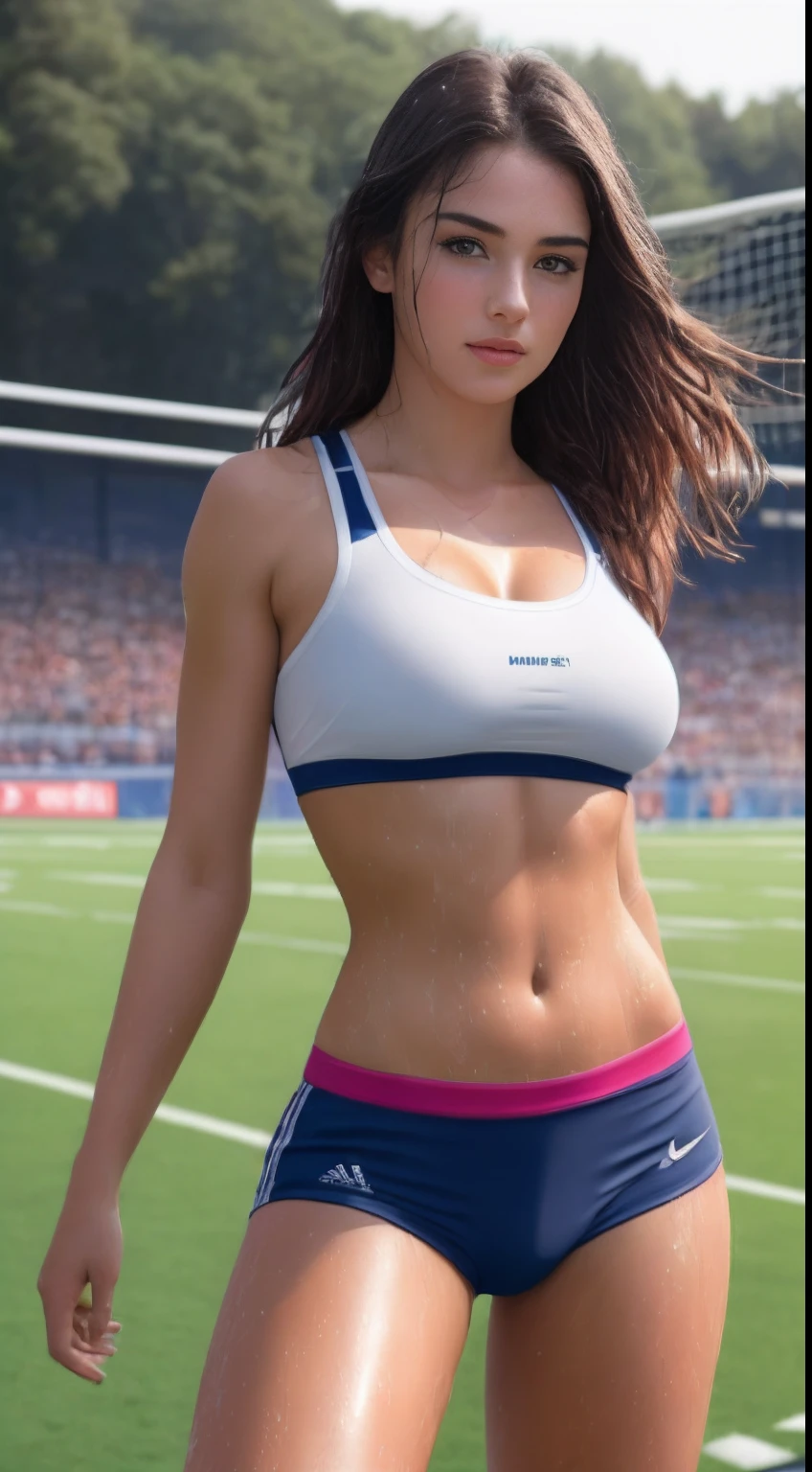 (Ultra photo realsisim, Best quality, Masterpiece,fully body photo) Perfect face, pretty, 1girll,Play football on the football field,sport underwear,hot pant, Real, Realistic, Realistic and charming young woman, opposite side, Hyper Real, Photo, Sexy, Sweat, Wet body,gigantic cleavage breasts(Round breasts)