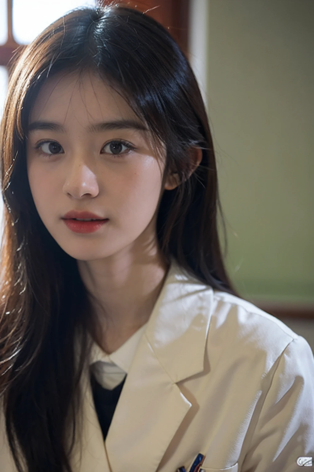 Photo of Yumei 18, 18-year-old girl in the classroom, Close up, (Intricate details:0.8), (hdr, ultra - detailed:1.2), school uniform
