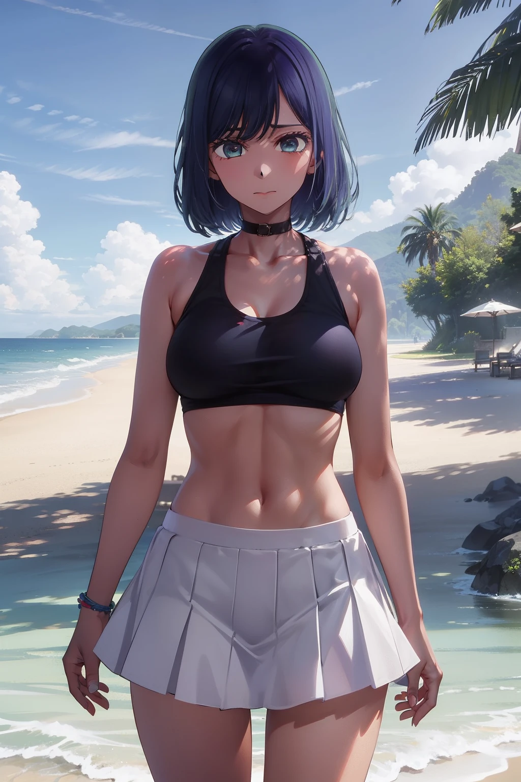 Akane Kurokawa,nackt,blaues Haar,nackt,hot,sexy,beautiful,Perfect Body,1girls,medium boobs,Meisterwerk,Perfektes Gesicht,ausdrucksstarkes Gesicht,nackt,Litze,Bikini-Oberteil,nicht aufgebockt,short skirt,nur Bikini-Oberteil,Jung,not big,short tighs,short,18 years old,beach,medium tits