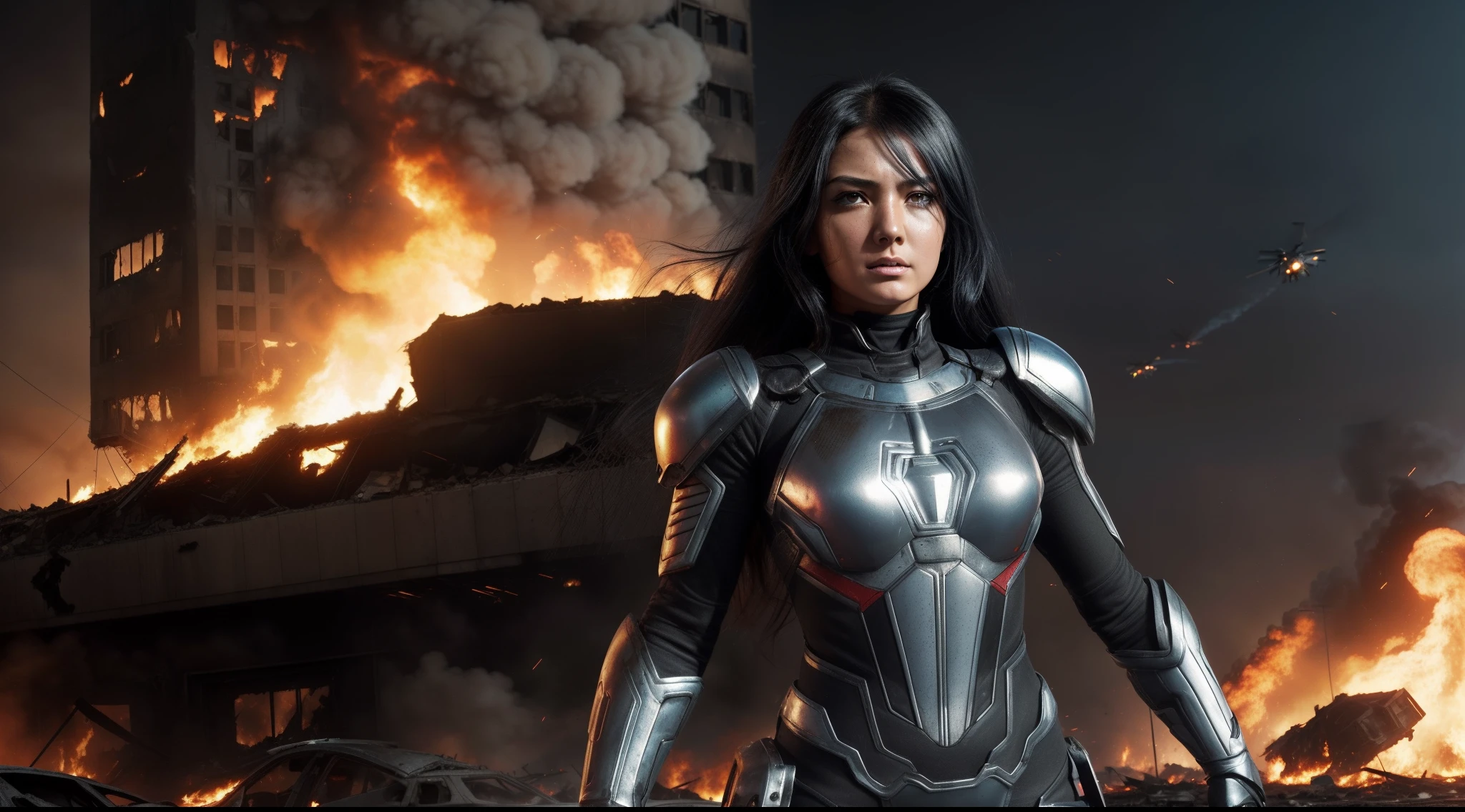(maximum quality) girl, angry expression, (long black hair), fighting giant spiders in a destroyed city, (born fighter), (metallic spiders jumping hero), metallic tech suit with blue and gray details, (shoulder pad large and detailed) (red round symbol on chest), burning cars in decaying streets, burning buildings, crumbling buildings, shrapnel everywhere, helicopters in the skies