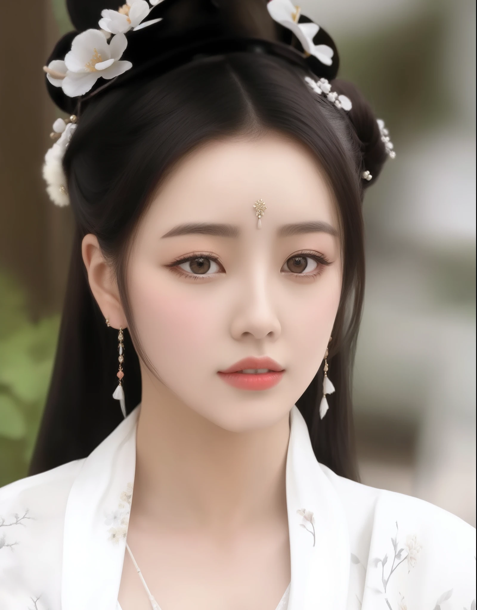 Close-up of a woman in a white dress and red nose ring, inspired by Li Mei-shu, inspired by Lü Ji, Princesa chinesa antiga, China Princess, inspired by Zhang Yin, inspired by Wu Bin, inspired by Zhang Yan, Chinese woman, Inspired by Tang Yifen, Inspired by Huang Ji, Inspired by Ai Xuan, Inspired by Lan Ying
