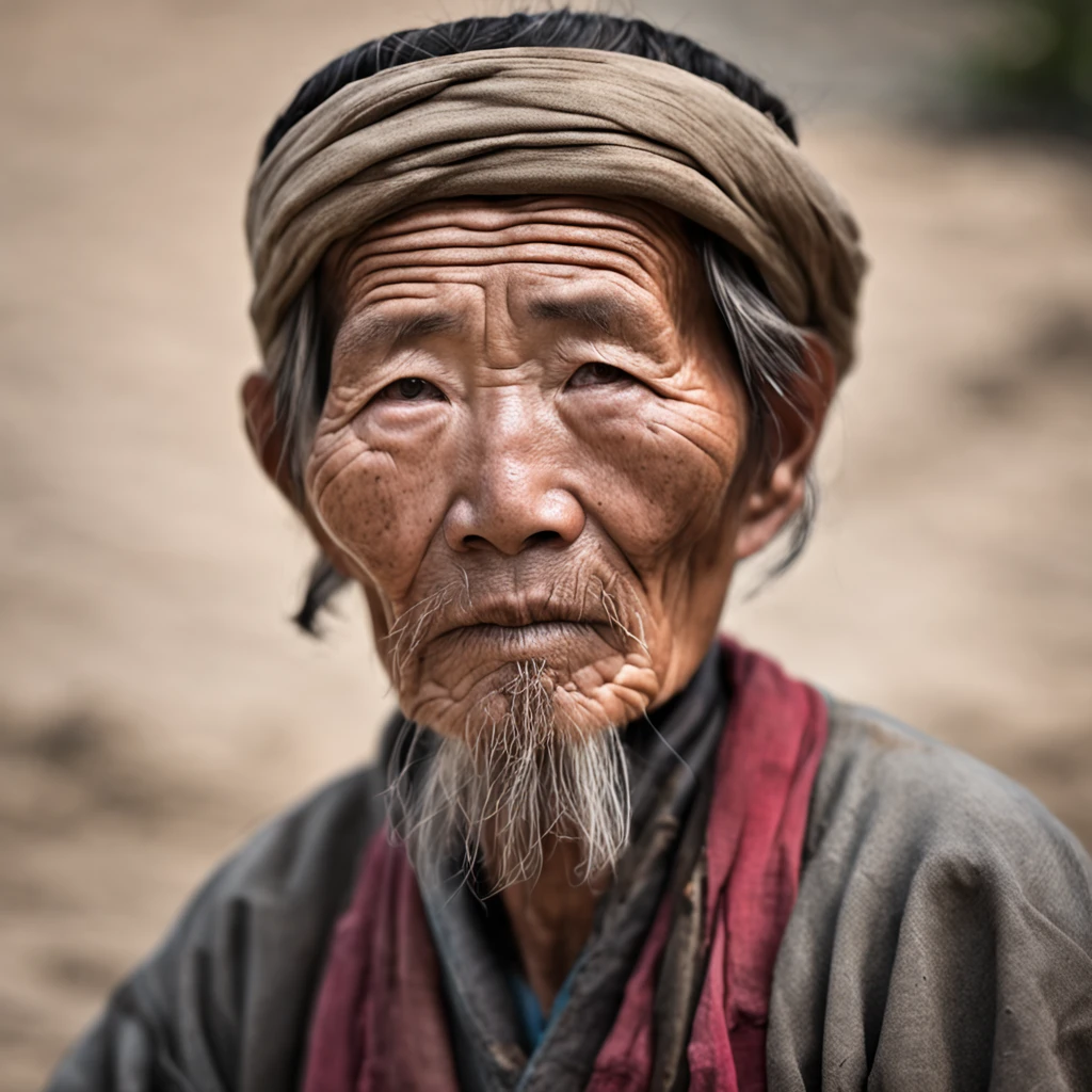 Portrait of a Chinese peasant，sbeard，wrinkles，weathered，sharp sharp eyes，详细的脸，high detal，photography of，natural soft light，Nikon D850，50 mm，f/1.4