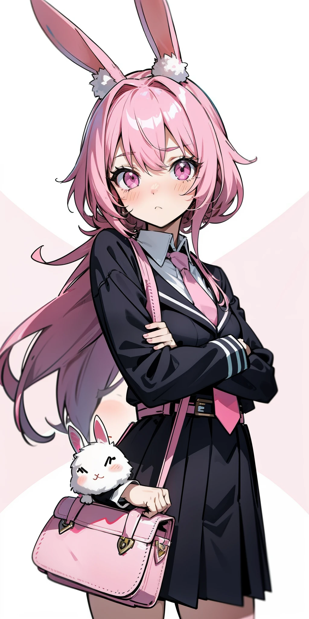 Anime girl with pink hair and bunny ears in pink tie, pink eyes, shy blush, pretty, small satchel, cyberpunk