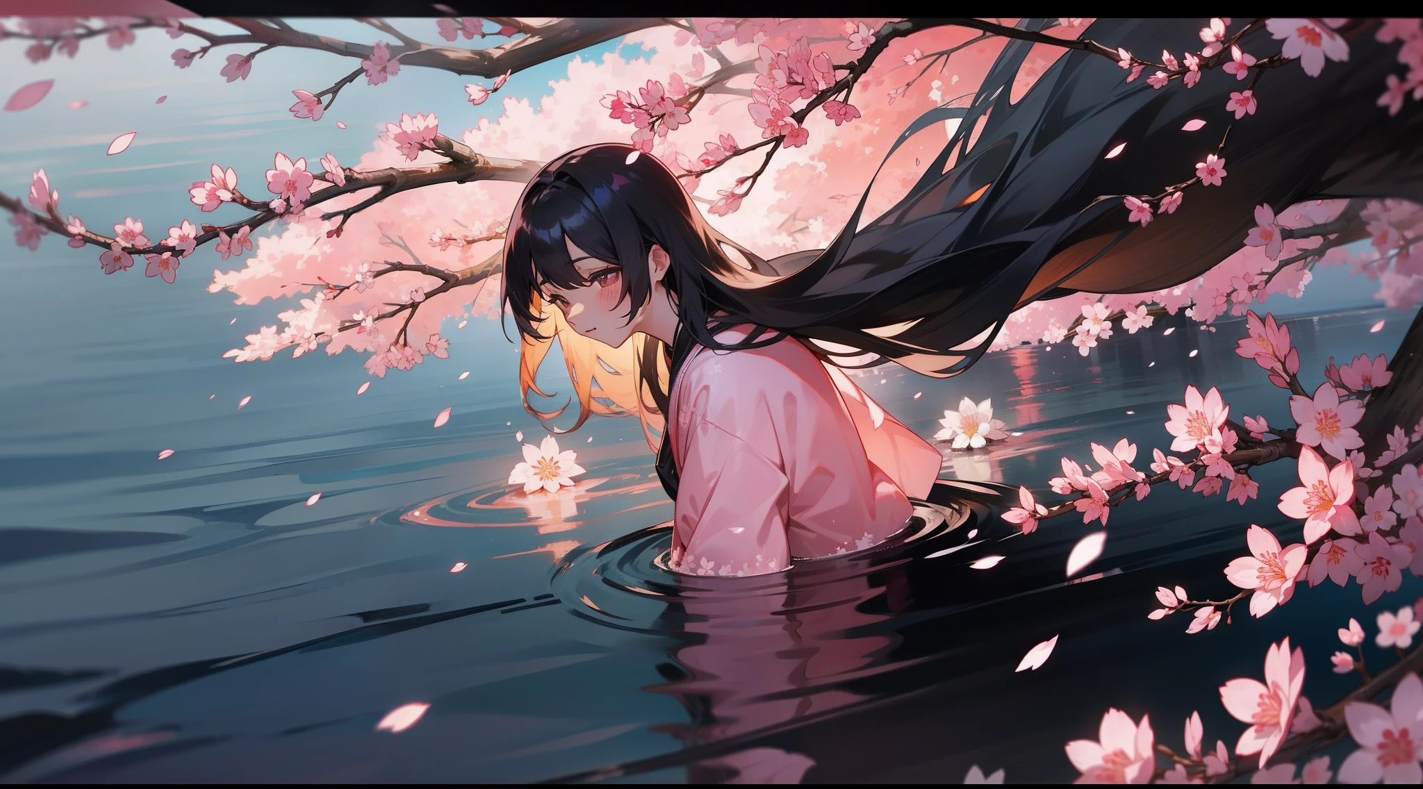 and the wind，Gorgeous erosion，花魁，Long black hair，sakura flowers falling，Night scene，water glow，Cherry blossoms fall on the lake，the cherry trees，illumination