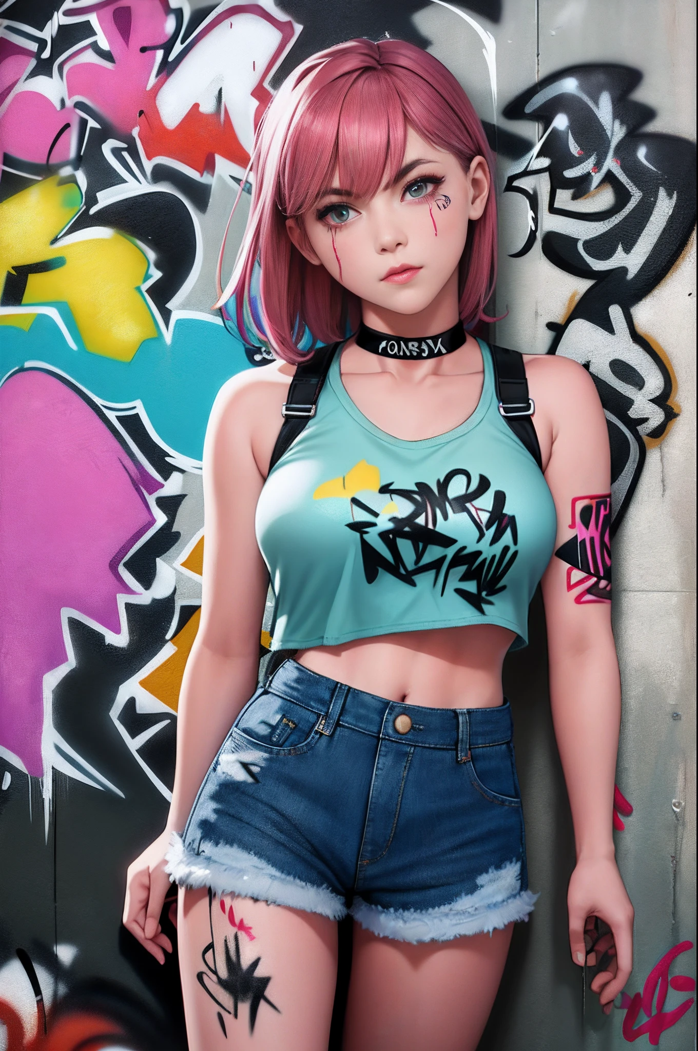 (photorealistic:1.8, highest quality:1.8,8K masterpiece:1.8,High resolution,muste piece:1.8,RAW Photos,cinematic lighting),No split screen, cyber punk、Highway at night、rain-soaked ground、 (1 android girl:1.3)、Completely naked、Full body tattoo、choker、beautiful breasts、navel piercing、T-shirt、denim mini skirt、beautiful butt、beautiful thighs,plump nipples、Nipples are visible through the costume,cameltoe,Body painting with a pop design drawn all over the body、pop art design、cutting edge fashion、conceptual art、 Provocative sexy poses、look back、spread your legs、Lift your leg high and kick、 (Beautiful shining vermilion, blue, platinum, and pink hair:1.5)、shining blue eyes、Shy Smile