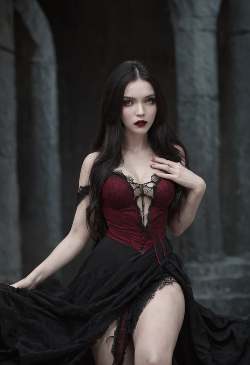 1 Vampires, (Female:0.8), poison fangs, Blood, Neck bites, Pale skin, intense eyes, Seductive expression, (Blood dripping:1.2), (Erotic atmosphere:1.3), Dark hair, Long flowing hair, (Black lace dress:1.2), (cropped shoulders:0.9), (Red corset:1.1), (Torn clothing:0.8), (Seductive pose:1.2), (Moaning:1.4), (Moonlight:1.3), (gothic environment:1.2), (haunting background:1.1), (lifting one leg:1.2), (Glossy lips:0.9), (Whisper sweetly:1.2), (sensual lighting:1.3), (Long nails:1.1), (Heavy atmosphere:1.2), (A lingering touch:1.3), (Erotic tension:1.4).