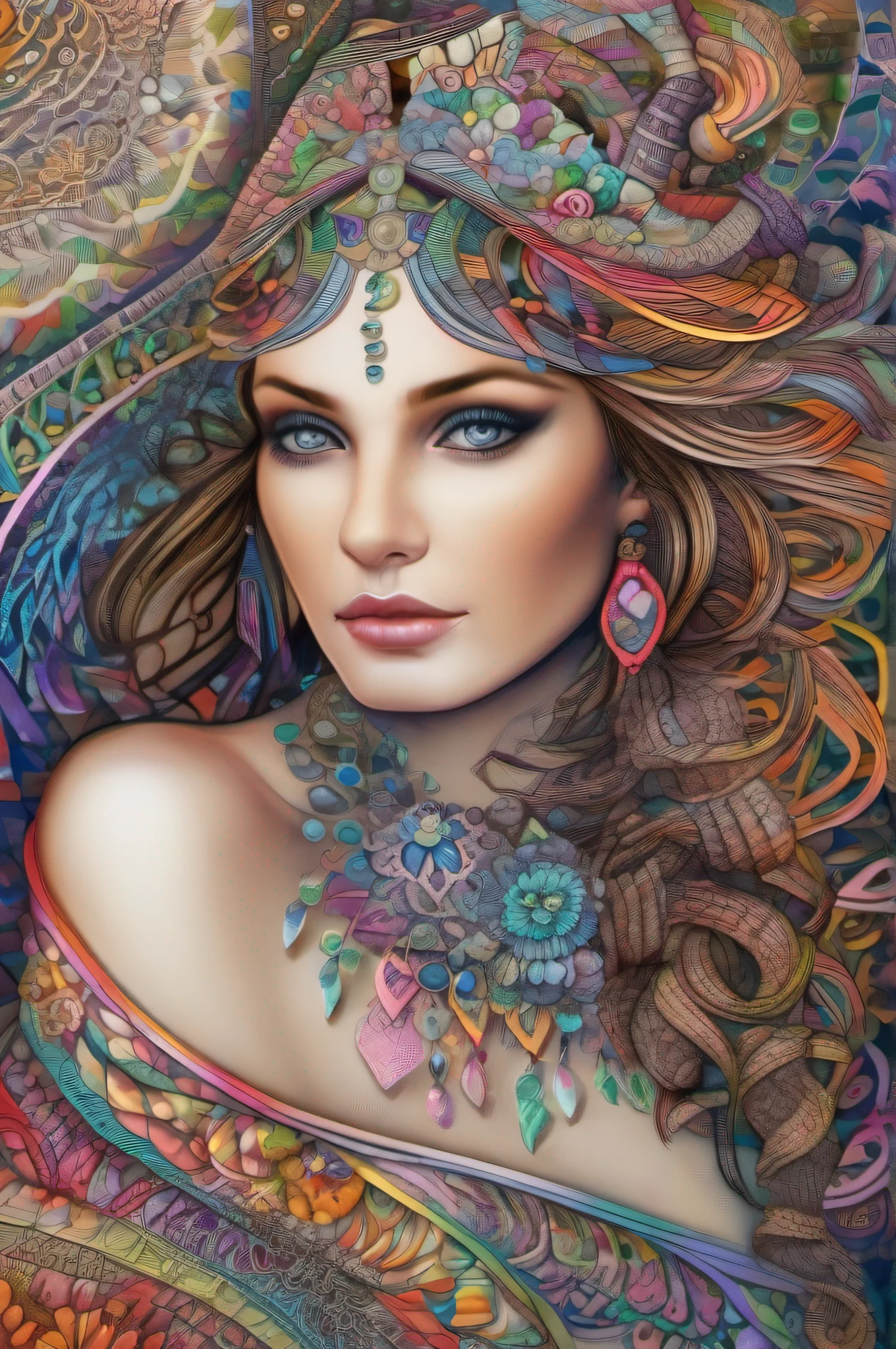 official art, unity 8k wallpaper, ultra detailed, beautiful and aesthetic, masterpiece, best quality, (zentangle, mandala, tangle, entangle), (fractal art:1.3) , 1woman, big breast, extremely detailed, dynamic angle, cowboyshot, the most beautiful form of chaos, elegant, a brutalist designed, vivid colours, romanticism, atmospheric, ecstasy of musical notes, streaming musical notes visible