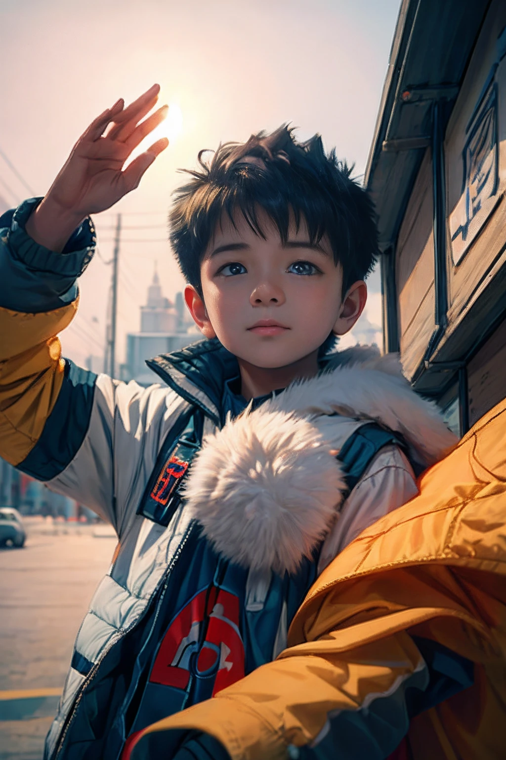 tmasterpiece，best qualityer，cinematic Film still from，1 Boy Central，natta，starrysky，Cloud Boy，floating into the sky，Close-up，brightly，cheerfulness，Soft lighting and warmth，Sun sunset，spark of light