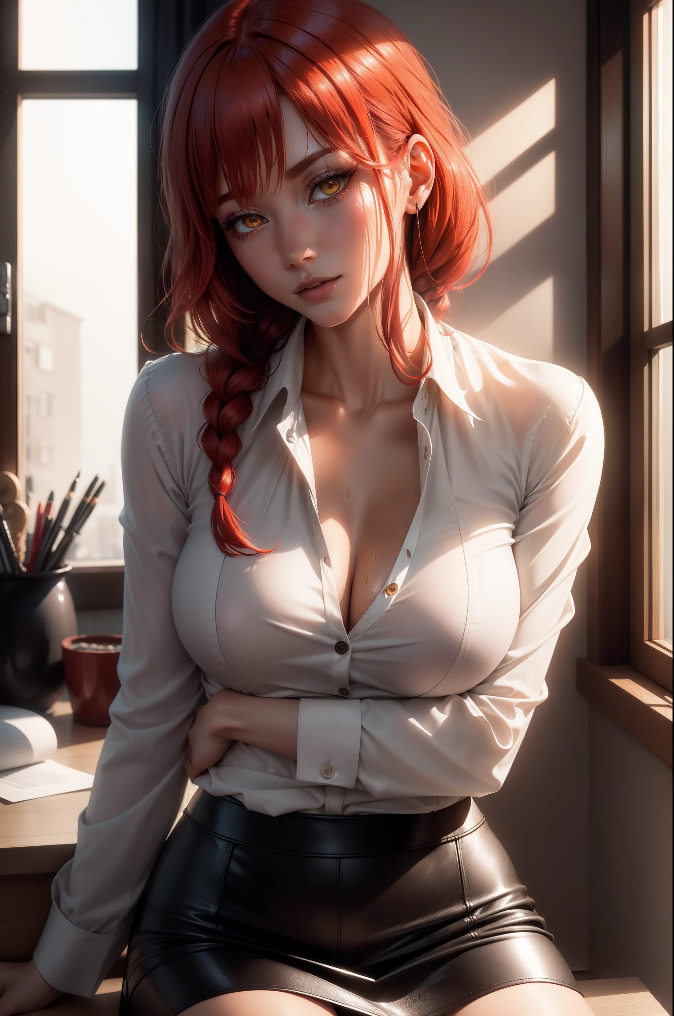 Makima from chainsaw man, there is a desk in a room with a window and a lamp, Makima is sitting at the desk and doing paper work, red hair, glistening yellow eyes, detailed face, soft lips, soft skin, extremely detailed face, perfect quality, wet skin and hair, medium soft breasts, red hair, fashion realistic, high-definition sysie details, photography , sharpness, unique 850 4, f1.6 lens, rich colors, super realistic texture, spectacular texture, surreal art, Cinestil 800 fashion mechanism, moody, braided red hair, makima from chainsaw man hair style, white shirt, black leather skirt