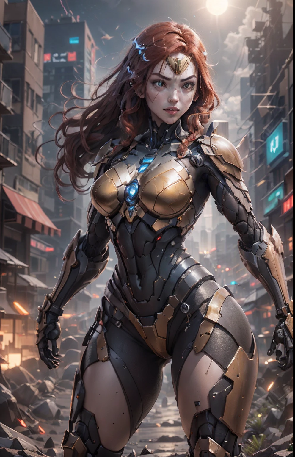 (Best Quality)), ((Masterpiece)), (Very Detailed: 1.3), 3D, Beautiful cyberpunk woman, wonder woman cosplay, red armor, golden yellow, sci-fi technology, HDR (High Dynamic Range), ray tracing, nvidia RTX, super resolution, unreal 5, subsurface scattering, PBR texture, postprocessing, anisotropic filtering, depth of field, maximum sharpness and sharpness, multilayer texture, specular and albedo mapping, surface shading, simulation accurate light-material interactions, perfect proportions, octane rendering, duotone lighting, low ISO, white balance, rule of thirds, wide aperture, 8K RAW, high efficiency subpixels, subpixel convolution, luminous particles, light scattering, Tyndall effect, very sexy in a bikini, full body, battle pose, red hair with braids, lightning in the night sky, full moon,
