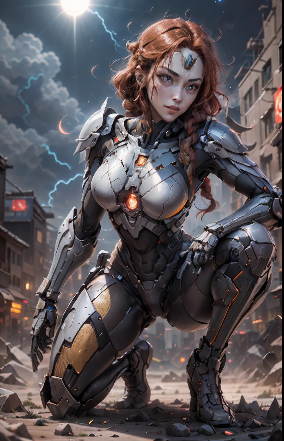 (Best Quality)), ((Masterpiece)), (Very Detailed: 1.3), 3D, Beautiful cyberpunk woman, wonder woman cosplay, red armor, golden yellow, sci-fi technology, HDR (High Dynamic Range), ray tracing, nvidia RTX, super resolution, unreal 5, subsurface scattering, PBR texture, postprocessing, anisotropic filtering, depth of field, maximum sharpness and sharpness, multilayer texture, specular and albedo mapping, surface shading, simulation accurate light-material interactions, perfect proportions, octane rendering, duotone lighting, low ISO, white balance, rule of thirds, wide aperture, 8K RAW, high efficiency subpixels, subpixel convolution, luminous particles, light scattering, Tyndall effect, very sexy in a bikini, full body, battle pose, red hair with braids, lightning in the night sky, full moon,