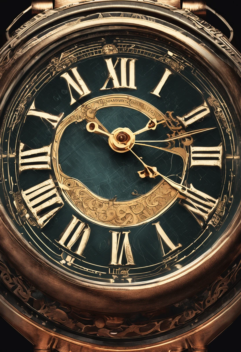 Create an ultra-detailed illustration of an antique clock indicating 23:55, with special attention to aged metal finishes and the worn texture of the watch case