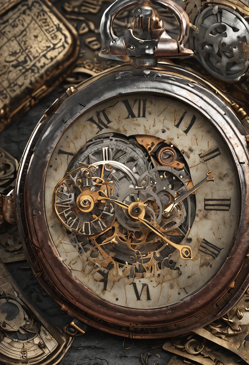 Create an ultra-detailed illustration of an antique clock indicating 23:55, with special attention to aged metal finishes and the worn texture of the watch case