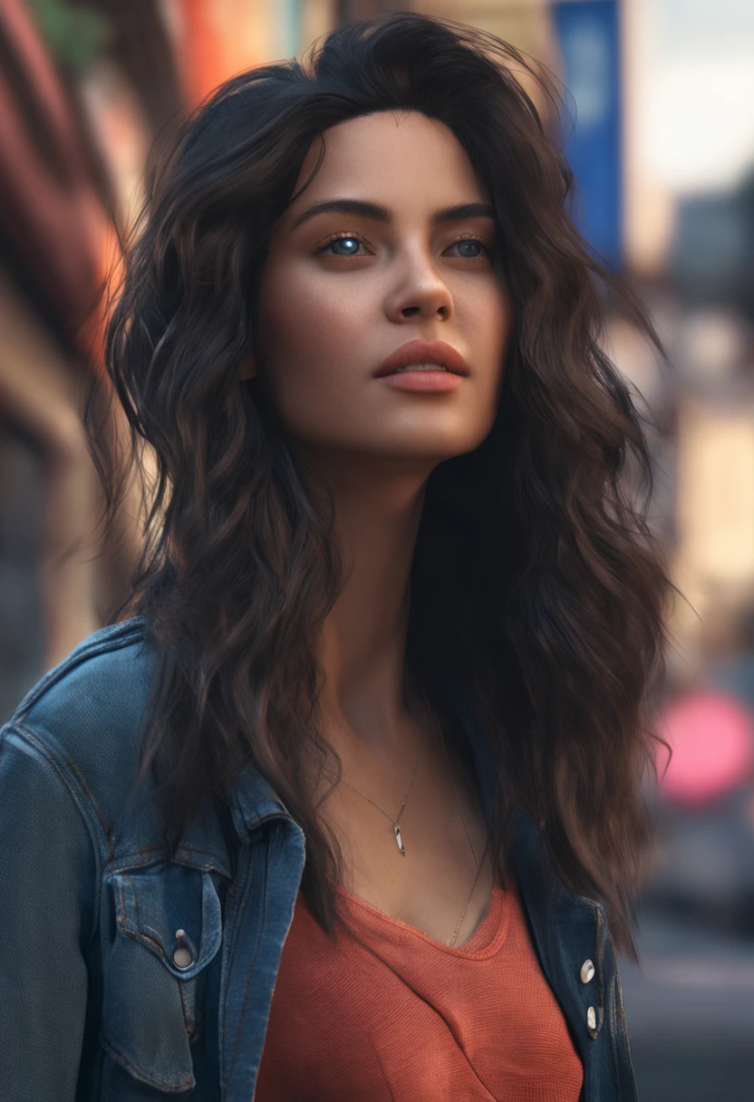 a beautiful and enchanting college student, black hair, long hair, wind slightly blowing through her hair, photorealistic rendering, using cinema 4D. Full body
