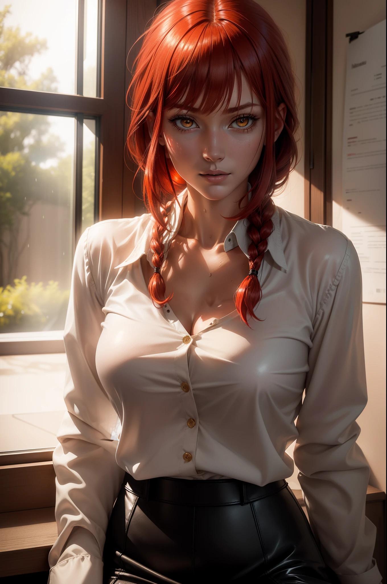 Makima from chainsaw man, there is a desk in a room with a window and a lamp, Makima is sitting at the desk and doing paper work, red hair, glistening yellow eyes, detailed face, soft lips, soft skin, extremely detailed face, perfect quality, wet skin and hair, medium soft breasts, red hair, fashion realistic, high-definition sysie details, photography , sharpness, unique 850 4, f1.6 lens, rich colors, super realistic texture, spectacular texture, surreal art, Cinestil 800 fashion mechanism, moody, braided red hair, makima from chainsaw man hair style, white shirt, black leather skirt