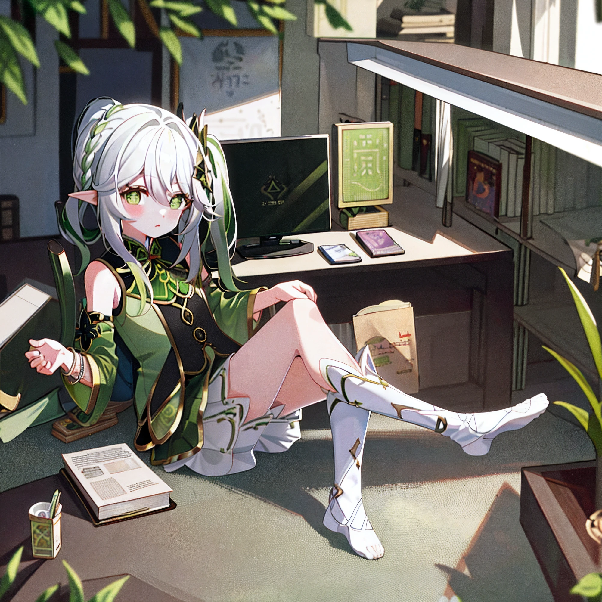 tmasterpiece，best qualityer，1girll，Solo，Nahida_Genshin，Chinese students，（（Chinese school uniform）），Green eyes，More details about the eyes，（（bookbag）），Female Student，Hair is whiter，Green hair，（one book on hand），shy