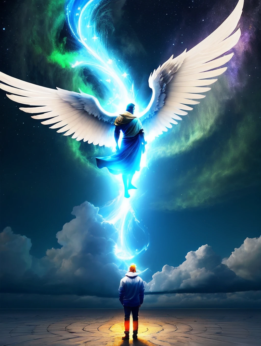 Imagem de uma asa de anjo grande, luminosa com um homem na frente, luzez brilhantes