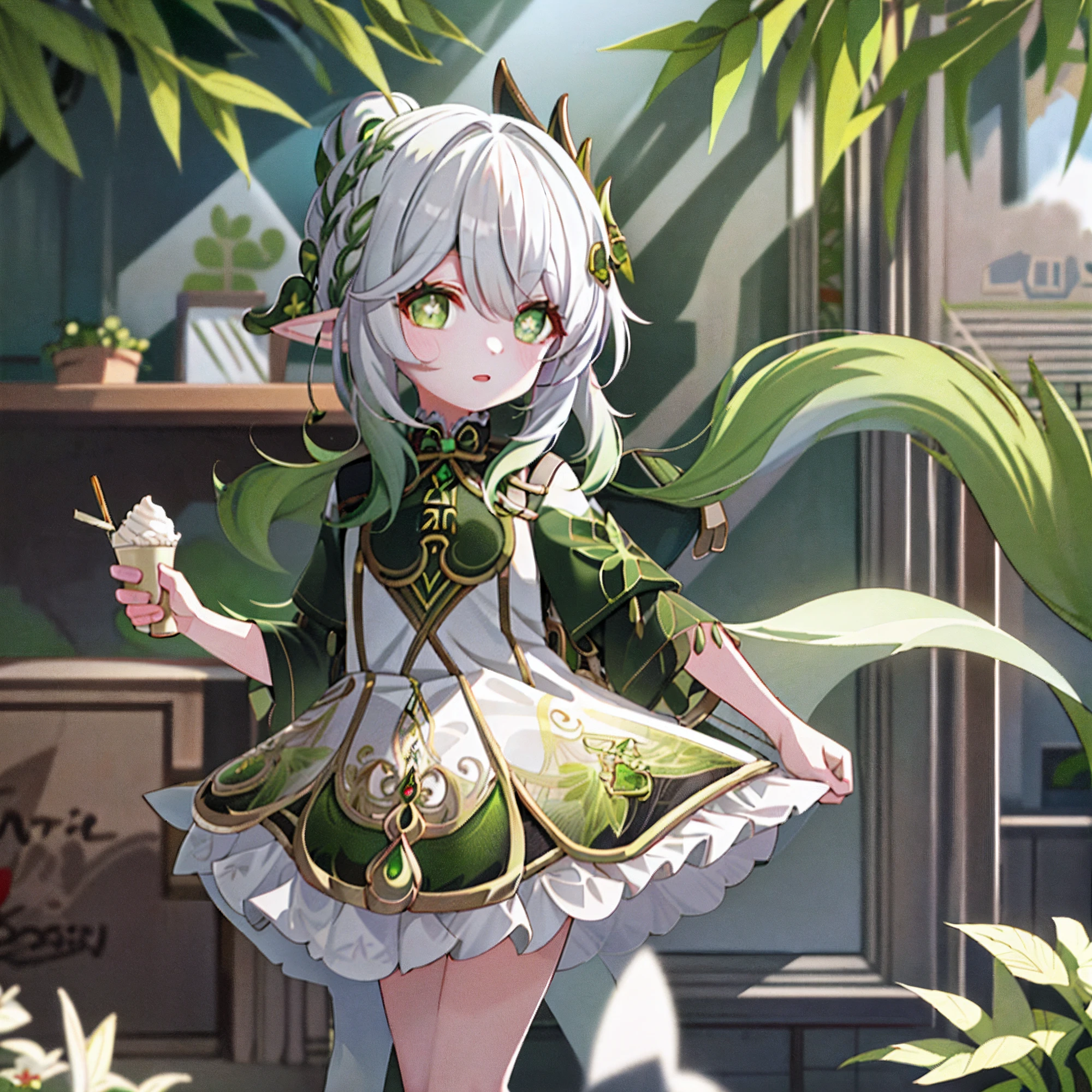 tmasterpiece,best qualityer,1girll,Solo,Nahida_Genshin,Chinese students,((Chinese school uniform)),Green eyes,More details about the eyes,((bookbag)),Female Student,Hair is whiter,Green hair,(Big ice cream)