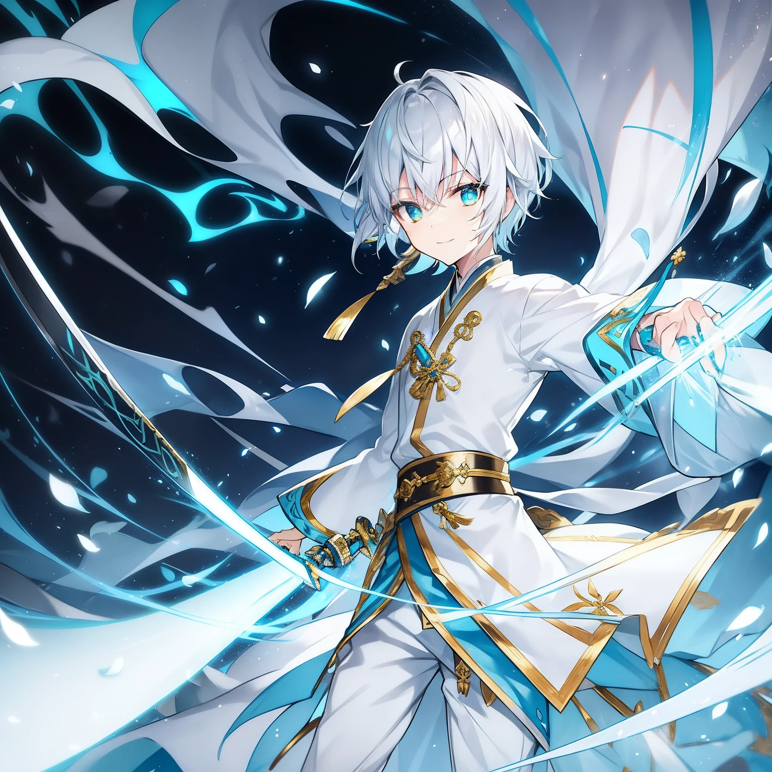 A man in a white outfit holding a blue and white object - SeaArt AI
