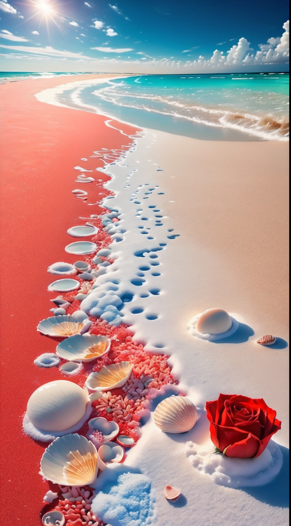 delicate scene,depth of field, 8K, The ivory sky,white clouds,and sunlight shine on the snow-white beach. The coral sea,and many colorful tinny shells on the beach,red roses, roses focus,