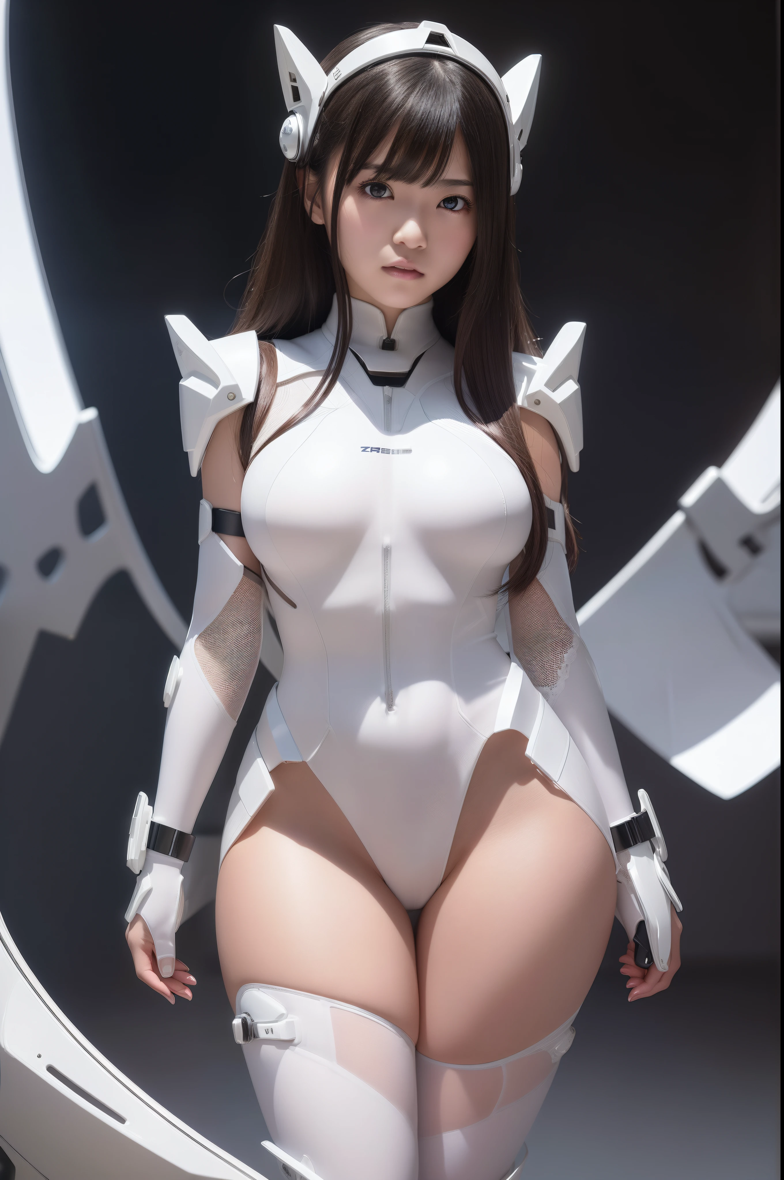 a japanese girl、23years old、Moderately sized bust、White panty bra、Translucent panty house、Vinyl shiny white cybernetic suit、Arm Cover Protector、Boots that cover the thighs、beautiful dark chestnut hair、Exposure of thighs and abdomen、 Detailed skin texture, Detailed Cloth Texture, beautifull detailed face, Looking at the camera、二重まぶた、A slight smil、perfect buttocks、Intricate details, ultra-detailliert, Cinematic lighting、radiant eyes、shinny skin、realisitic、The perfect female figure、Constricted waist、enchanting posture、sexy  pose、extremely delicate and beautiful、best qualtiy、a beautiful detailed girl、Beautiful fine eyes、Facial Lights、Cinematic lighting、see -through、realistic representation of face、（top-quality、Nikon RAW Photos、8 K、FujifilmXT3、​masterpiece、超A high resolution）