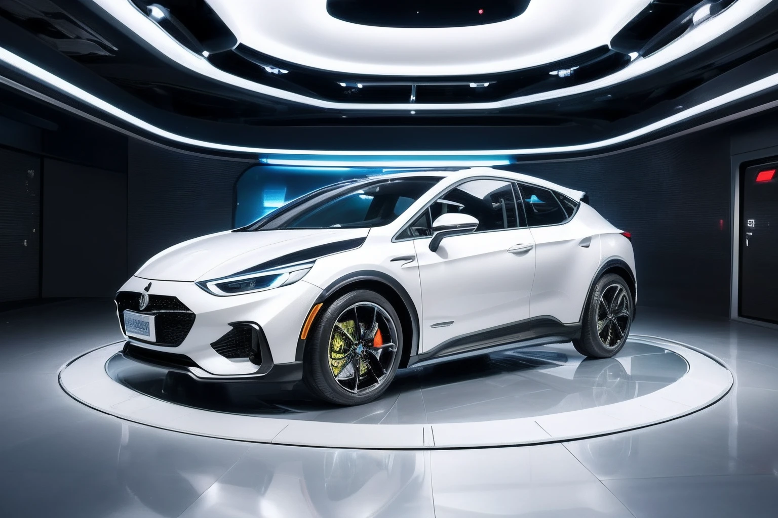 Create an exceptionally detailed and realistic image of a compact car, a futuristic concept, designed for the year 2024. This car should feature futuristic arms (mirrors) while maintaining the classic Gurgel design aesthetic. It should be parked on a deserted road with a blurred gas station in the background. The car should have alloy wheels and a striking combination of yellow and black colors. Pay meticulous attention to capturing the car's intricate details and futuristic elements. The resolution should be an impressive UHD, 8K, ensuring exceptional clarity and precision.