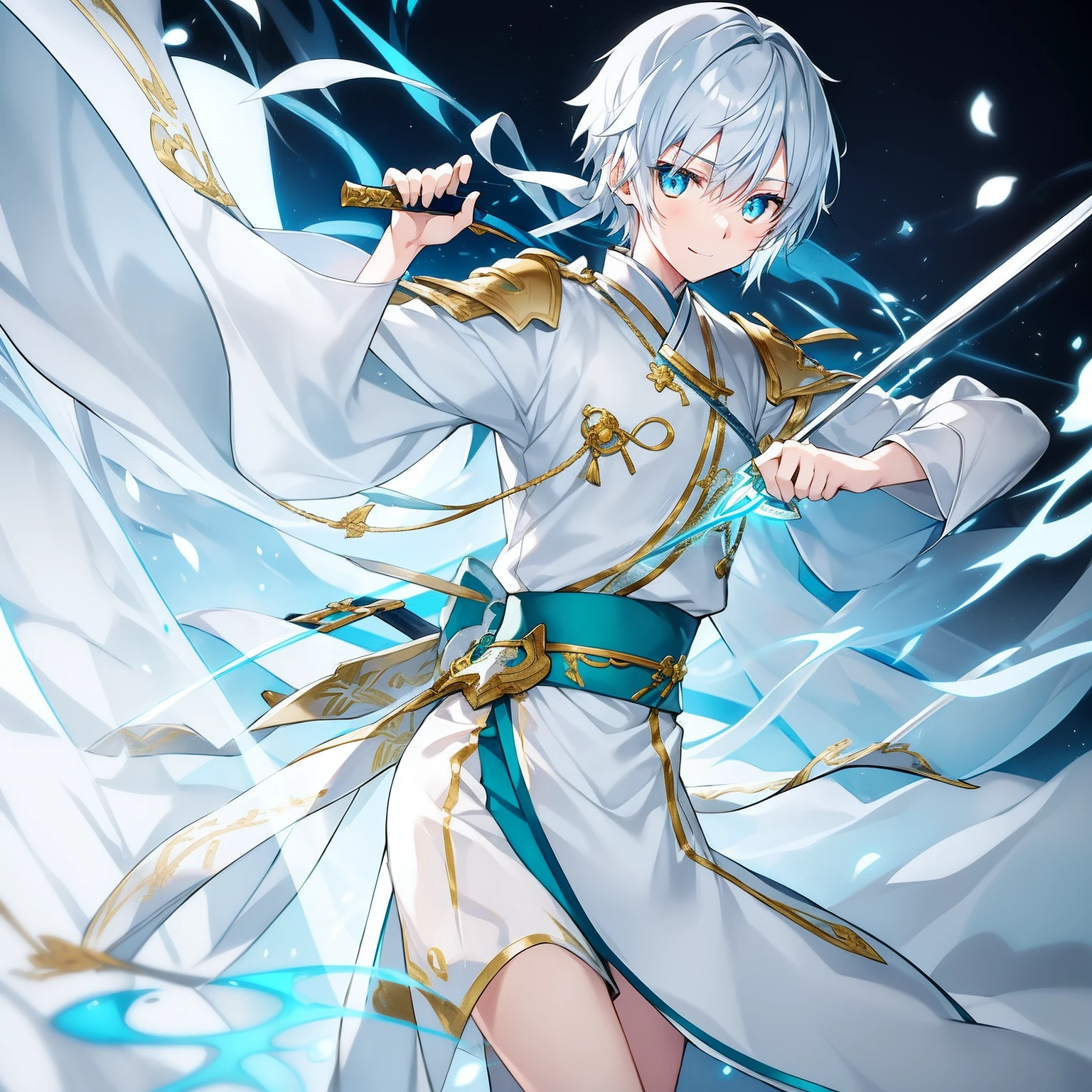 white hair swordsmen Knives Hairstyle Short Hair Light blue hair ornament Knife colorsSilver and gold Yuki A cute boy ars Odd-eye with light blue and yellow-green pupils Kimono A smile