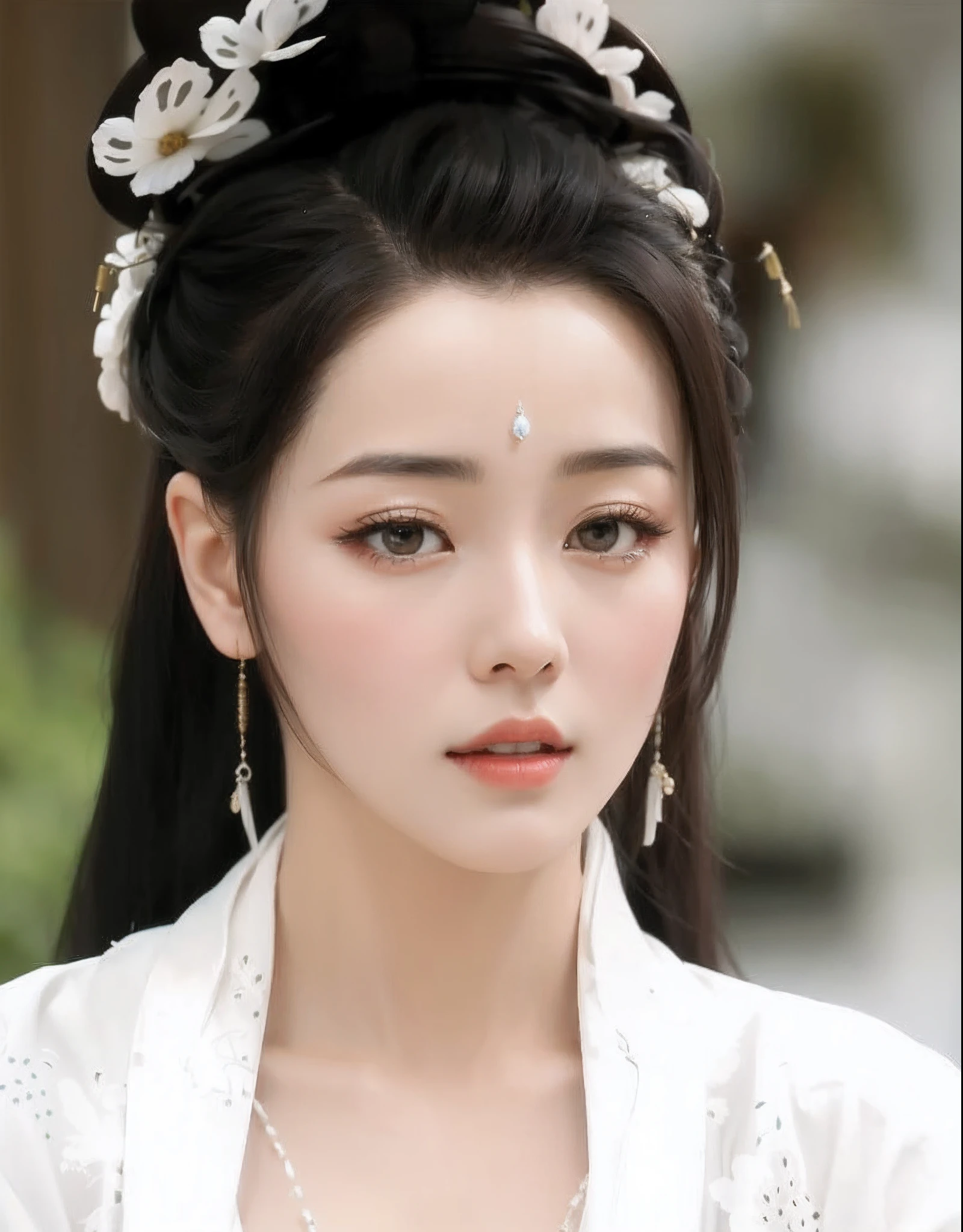 a close up of a woman wearing a white dress and a tia, dilraba dilmurat, ancient chinese beauti, China Princess, Palace ， A girl in Hanfu, Xianxia, ruan jia beautiful!, Princesa chinesa antiga, Chinese traditional, a beautiful fantasy empress, inspired by Du Qiong, Traditional beauty, Chinese style, heise-lian yan fang