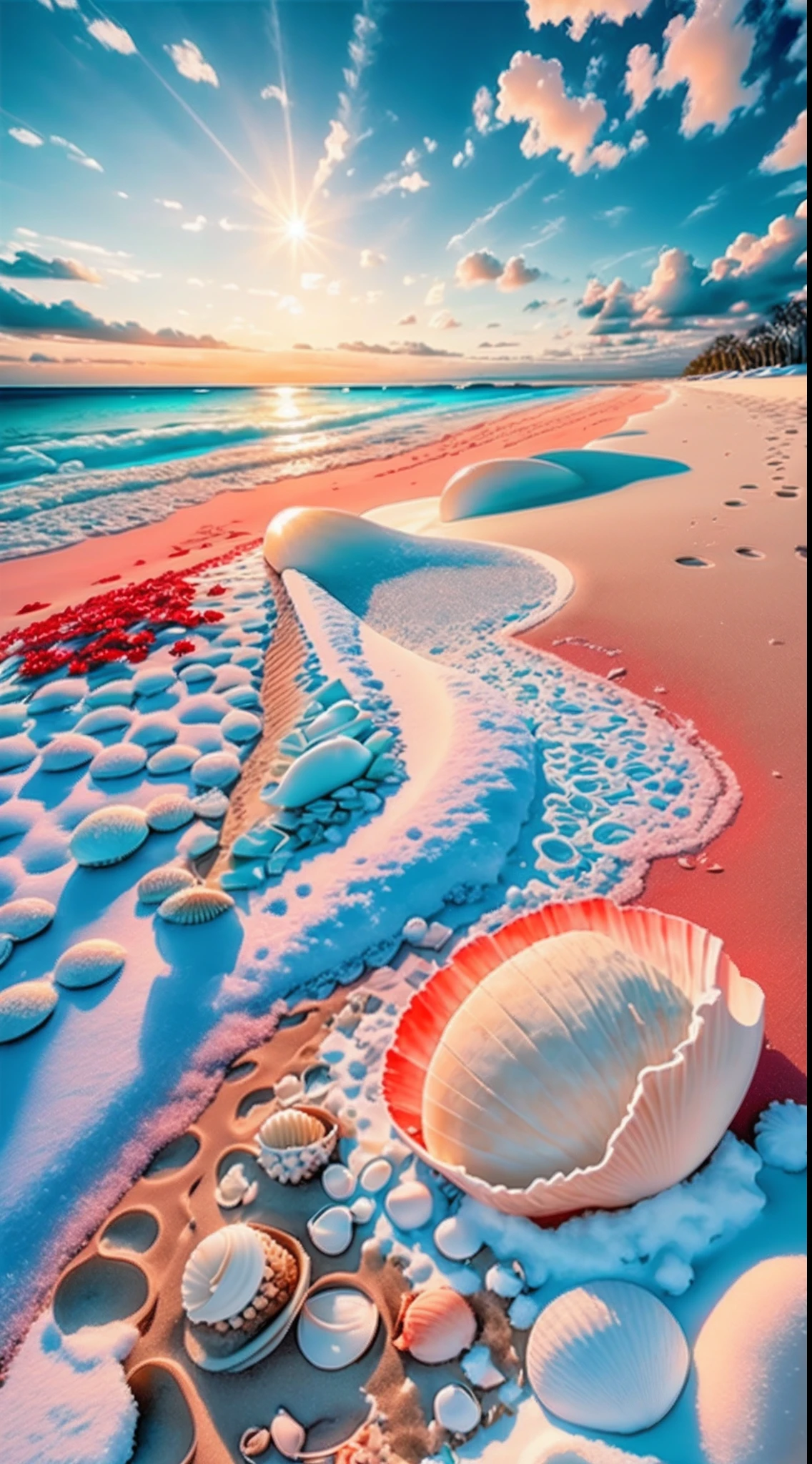 delicate scene,depth of field, 8K, The ivory sky,white clouds,and sunlight shine on the snow-white beach. The coral sea,and many colorful tinny shells on the beach,red roses, roses focus,