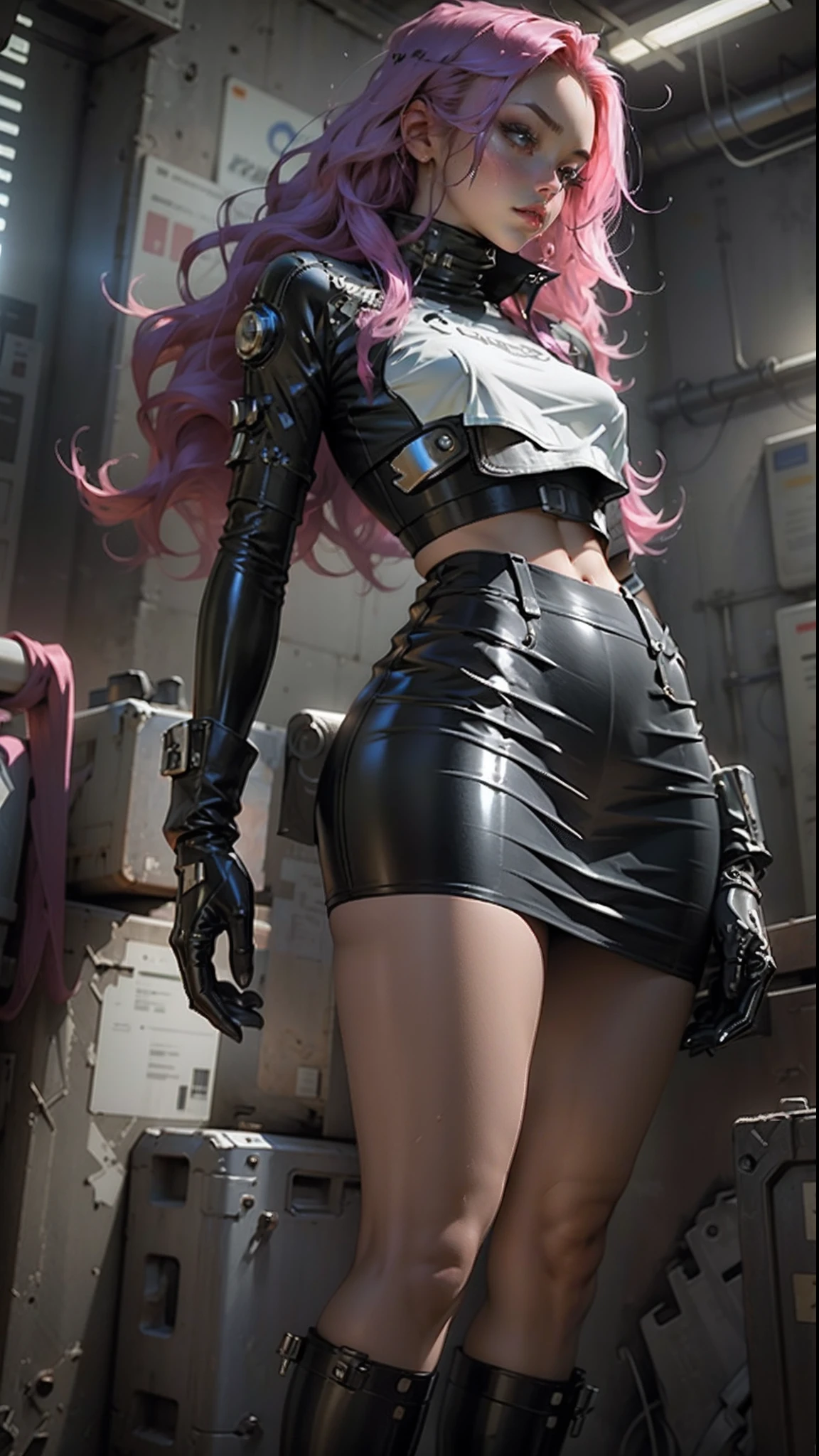 Definition of the woman's body cybernetic thick thigh, body parts, short skirt, latex