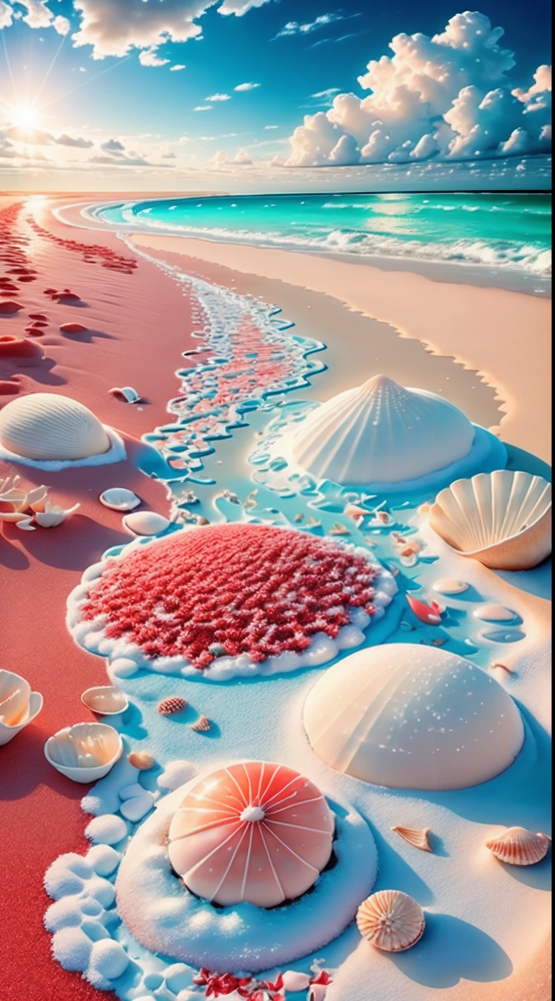 delicate scene,depth of field, 8K, The ivory sky,white clouds,and sunlight shine on the snow-white beach. The coral sea,and many colorful tinny shells on the beach,red roses, roses focus,