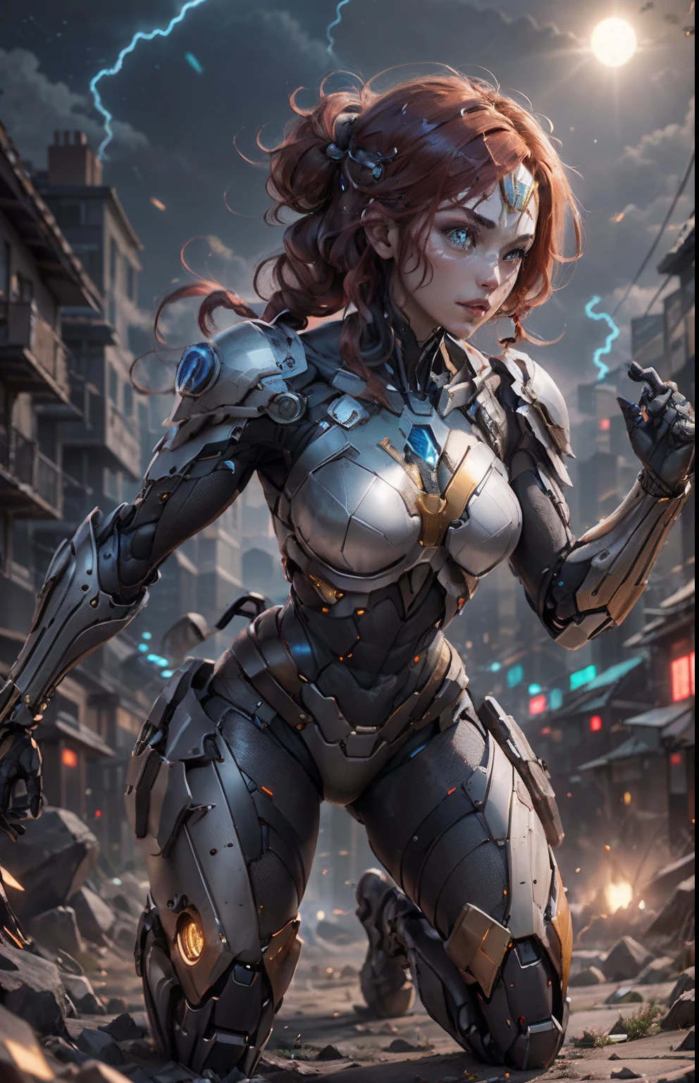 (best quality)), ((masterpiece)), (very detailed: 1.3), ..3d, Pretty Cyberpunk Woman, Wonder Woman Cosplay, Red Armor, Golden Yellow, Sci-Fi Tech, HDR (High Dynamic Range) ), ray tracing, NVIDIA RTX, super resolution, unreal 5, Subsurface Scattering, PBR Texture, Post Processing, Anisotropic Filtering, Depth of Field, Sharpness and Maximum Sharpness, Multilayer Texture, Specular and Albedo Mapping, Surface Shading, simulation of precise interactions between light and material, Perfect Proportions, Octane Rendering, Duotone Lighting, Low ISO, White Balance, Rule of Thirds, Wide Aperture, RAW 8K, High Efficiency Subpixels, Subpixel Convolution, Luminous Particles, Light Scattering , Tyndall effect, very sexy in a bikini, full body, Battle pose, red hair with braids, Lightning in the night sky, full moon,