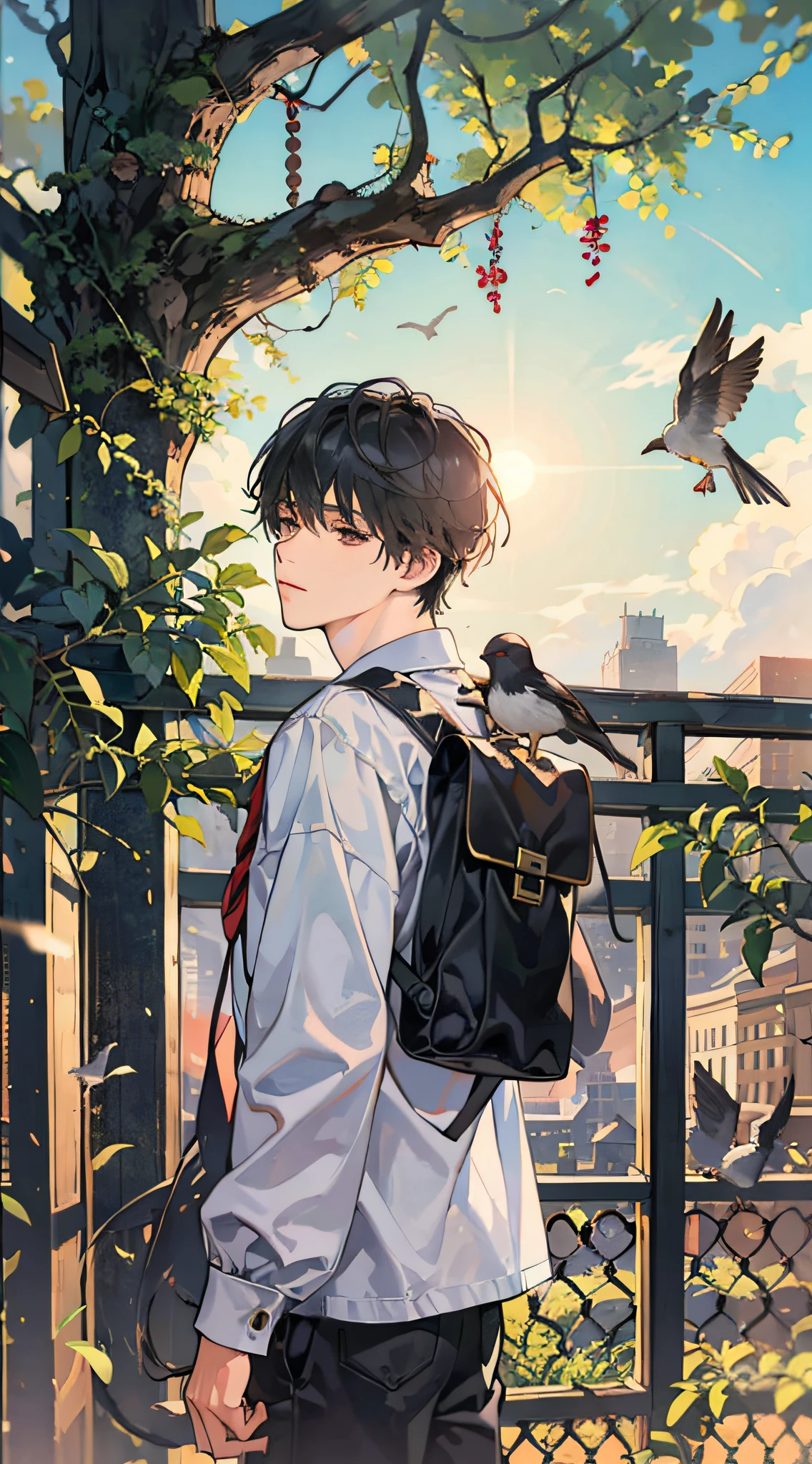 Masterpiece, Best quality, 1boy, Male focus, Handsome, residential area, fence, Spindle tree, Afternoon sun, The way home from school, school uniform, Backpack, Flock of Birds, From the immediate side, Depth of field , looking to the camera