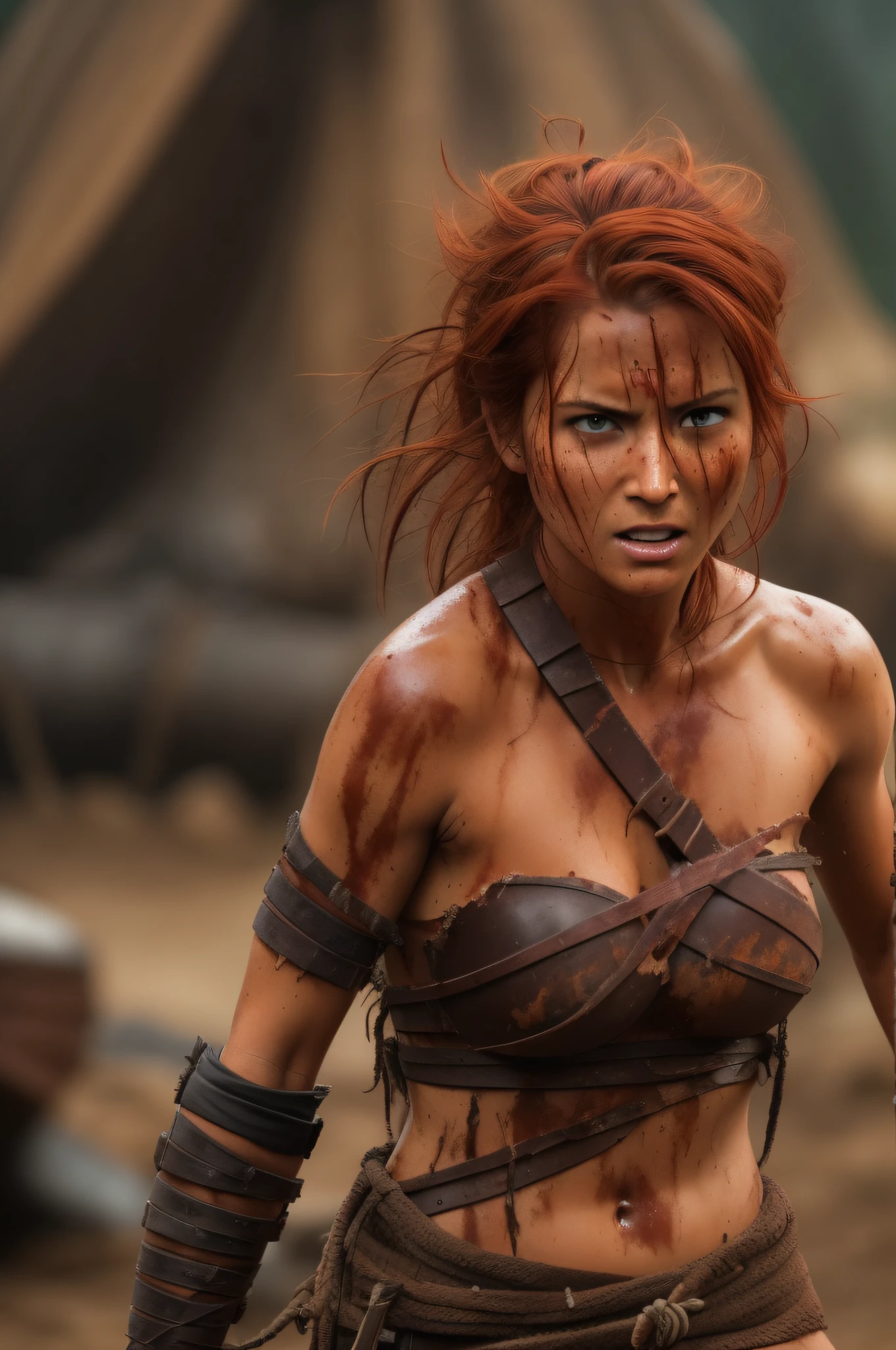 A naked tanned red-haired woman warrior with dark brown, her skin is dripping with sweat and is dirty, filthy, and with large bloodstains, She has a deep bite wound on her left shoulder, dressed only in an animal skin loincloth, and an energy sword attacked by a tyrannosaurus. very dramatic, cinematic shot, shot from a movie, cinema composition shot, very detailed, high resolution, professional color, wonderful light, daylight, 300k resolution, highly realistic, lots of details.