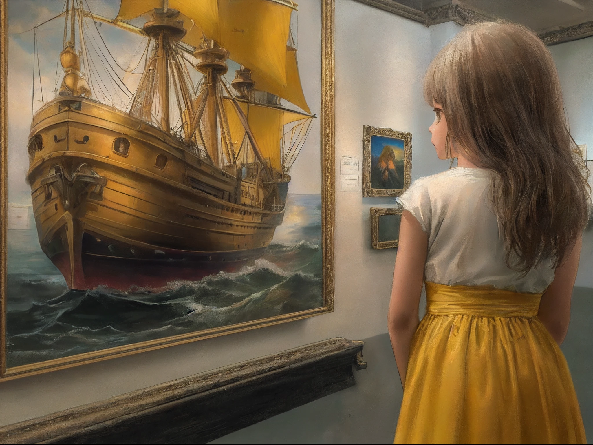 a picture of a young girl looking at an oil painting in a museum, the girl wearing a yellow dress (best details, Masterpiece, best quality: 1.5), the painting describes old ship at sea (best details, Masterpiece, best quality: 1.5), modern museum background, ultra best realistic, best details, best quality, 16k, [ultra detailed], masterpiece, best quality, (extremely detailed), ultra wide shot, photorealism.