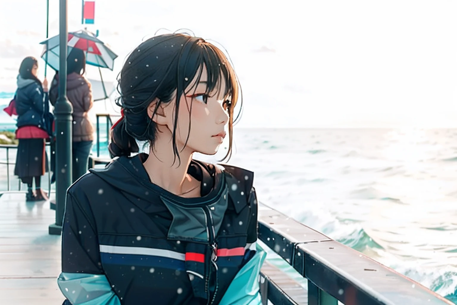 there is a woman sitting on a bench looking out at the water, girl looking at the ocean waves, looking off into the distance, a young asian woman, looking away from camera, looking out over the sea, looking into the distance, looking out at the ocean, looking away from the camera, looking at the ocean, distant thoughtful look, looking away from viewer