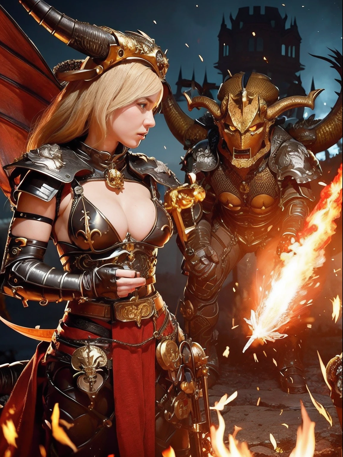 Professional , ​masterpiece、top-quality、photos realistic , depth of fields 、（Dragon Black Metal Body:1.９),(Mattretto、（cleavage of the breast）、Dragon Gold Weapon、（Micro Bikini Armor:1.４),Gorgeous gold weapons ,Particles of light、Particles of light、（（ Dragon's dense and gorgeous sword）） , （demonic wings）、（（a blond））、（Castle background）、Fight dragons、（（Gangle's forest background））、Take intense poses、Beautiful Caucasian beauty、１a person、dynamic ungle,(((Detailed and ornate dragon helmet)))、Smaller head、A smile、Castle background、Thin and beautiful female hands、cleavage of the breast、Soldier in iron armor on background、Mystical expression、Light Effects、intense fighting、Wind-effect、magic circles、With the legendary magic wand、Dragon's tail、explosions、