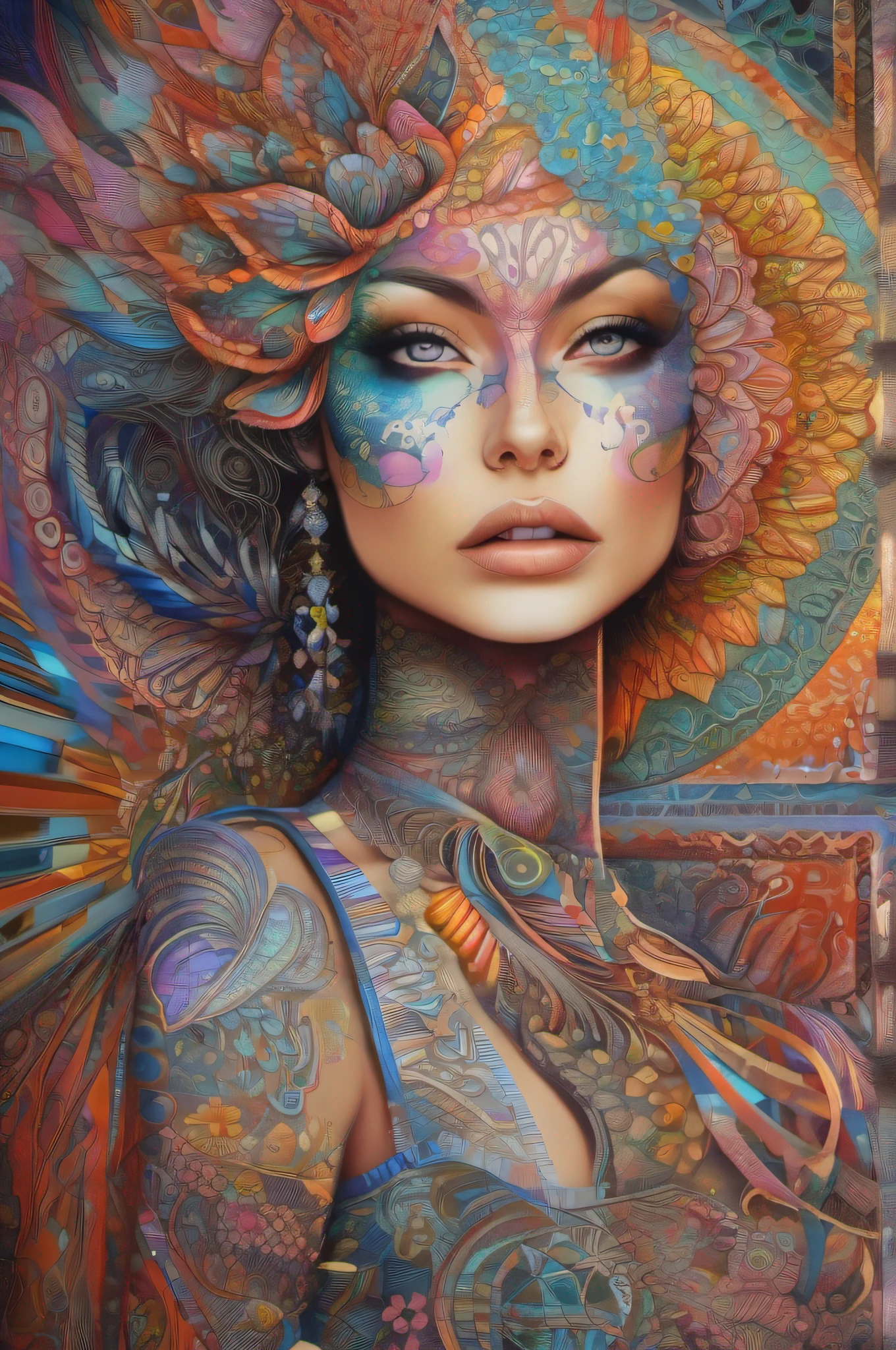 full body side woman, saturated colors, psychedelic image, LSD, mandala, fractral, fantasy, tattoo, painted body, bride, body leaning forward, uncensored NFSW