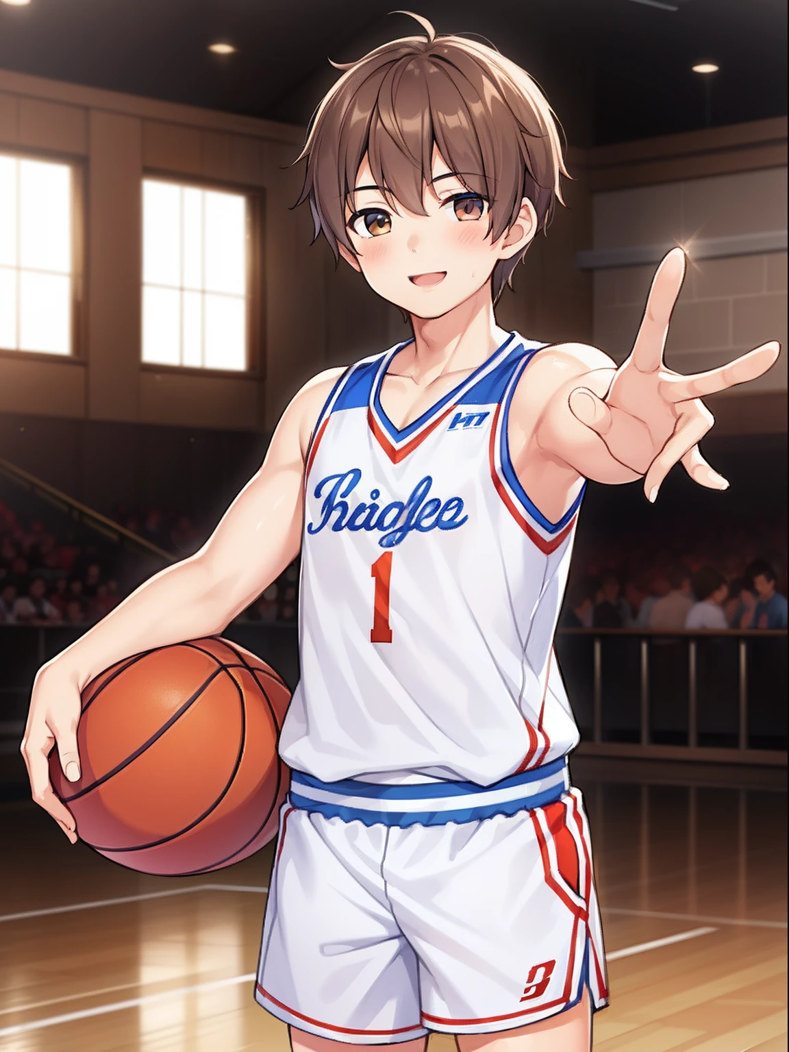 1 boy, varsity player, holding a basket ball, smiling, sparkling eyes, court back ground, brown hair, white jersey,high-resolution, 8k masterpiece, looking at you