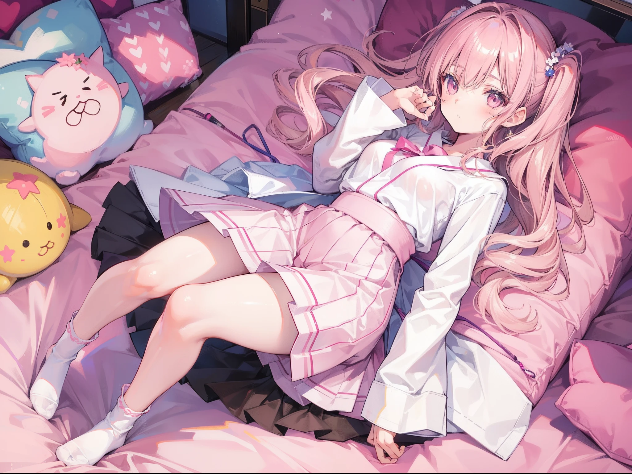 Anime girl, pink hair, pigtails hair, wearing pink skirt, no clothes, legs are spreading, pussy full of cum, raped in a bed