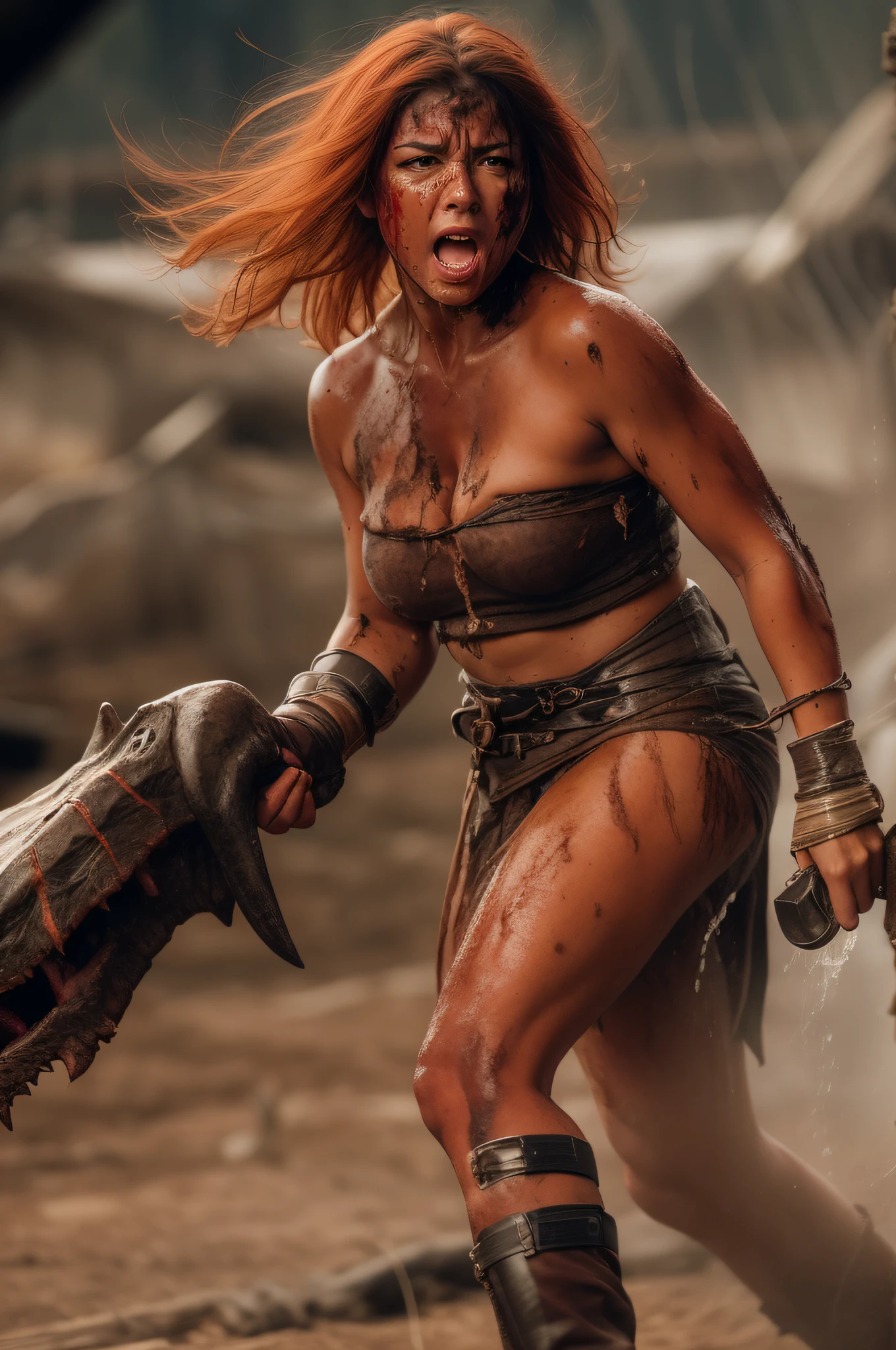 A naked tanned red-haired woman warrior with dark brown, her skin is dripping with sweat and is dirty, filthy, and with large bloodstains, She has a deep bite wound on her left shoulder, dressed only in an animal skin loincloth, and an energy sword attacked by a tyrannosaurus. very dramatic, cinematic shot, shot from a movie, cinema composition shot, very detailed, high resolution, professional color, wonderful light, daylight, 300k resolution, highly realistic, lots of details.