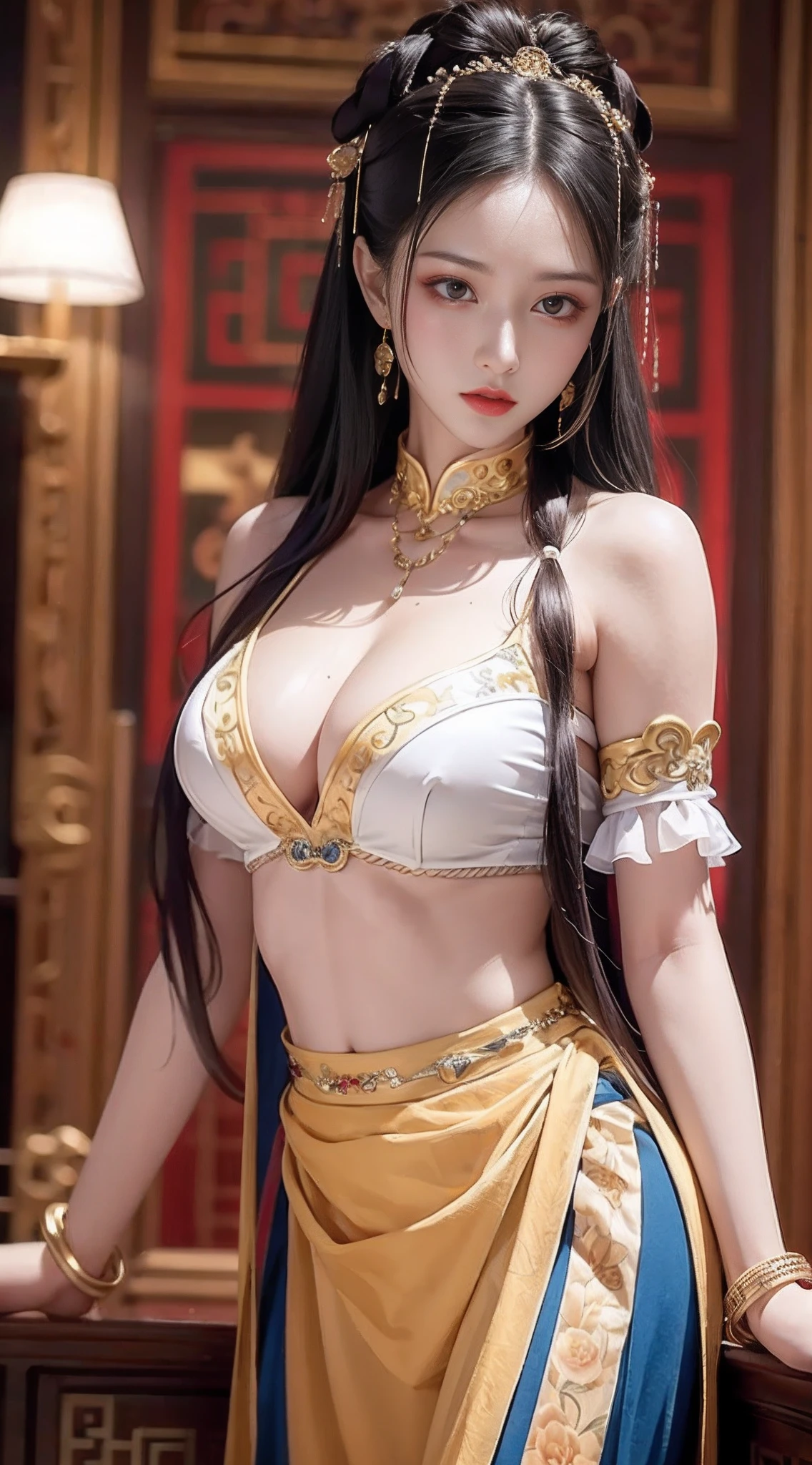 (From the outside) (shiny skins), many color,Best quality at best,tmasterpiece,photograph of-realistic,Complicated details,RAW photogr,Court,Gorgeous cheongsam,Extra-long hair,cropped shoulders,delicated face,Expose cleavage,decorations