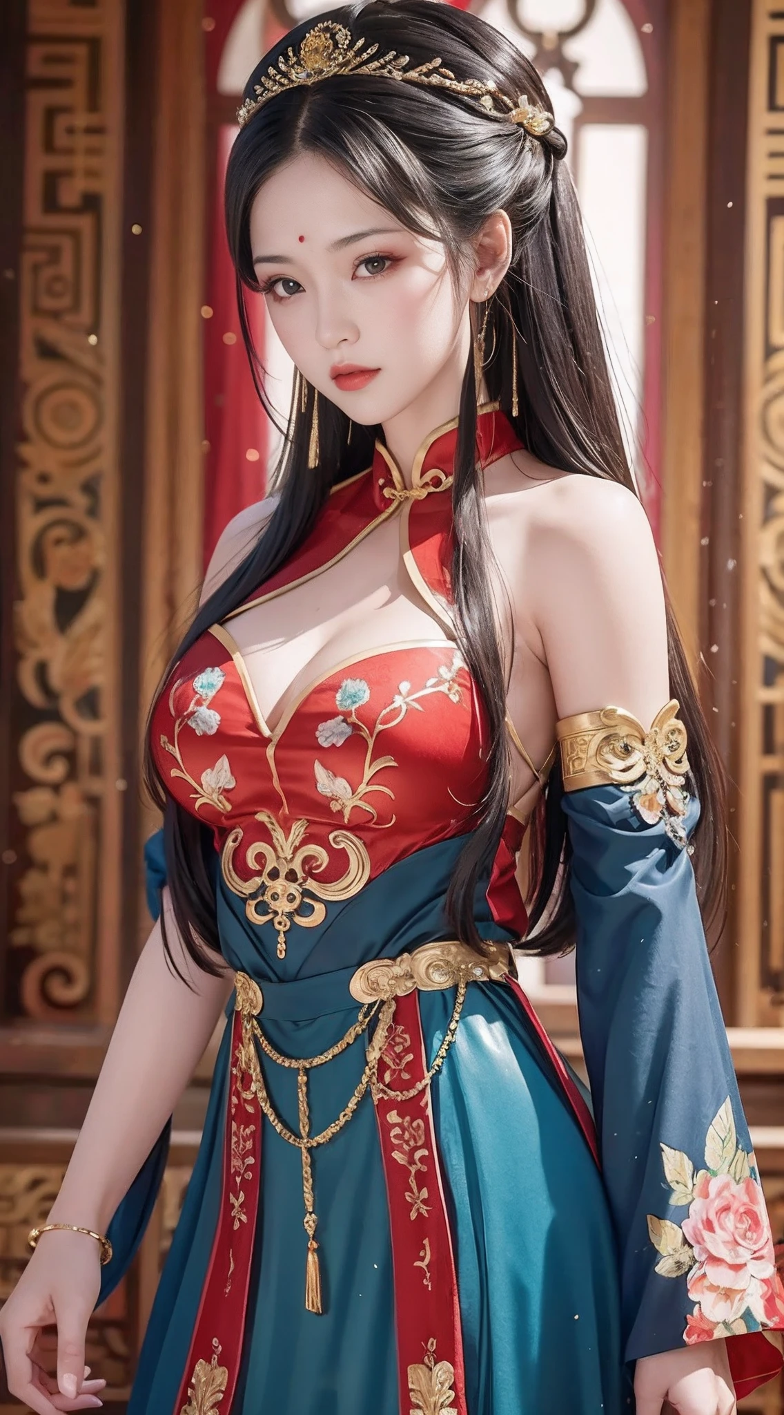 （From the outside） （shiny skins）， many color，Best quality at best，tmasterpiece，photograph of-realistic，Complicated details，RAW photogr，Court，Gorgeous cheongsam，Extra-long hair，cropped shoulders，delicated face，Expose cleavage，decorations