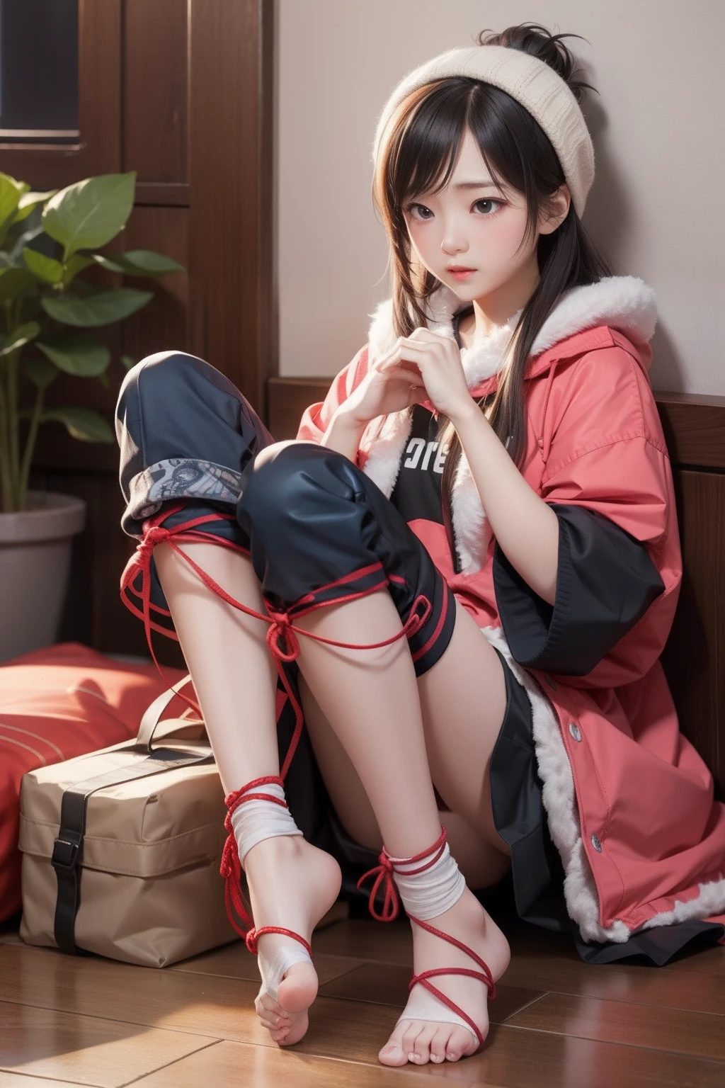 1girll,Play bundled games,Hands are tied,Feet are tied。