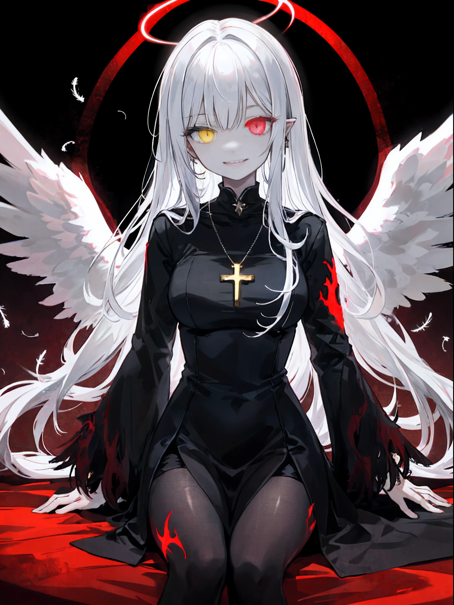 1girl, (scary), angel, gorgeos, (red halo), dark, glowing eyes, red eyes, (angel wings), holy, on water, sensual, black tunic, feathers, confident, smile, expressive eyes, collofull eyes, contrast, shadows, masterpiece, digital art, glowing eyes, intimidating, corrupted, demonic, abstract, feelings